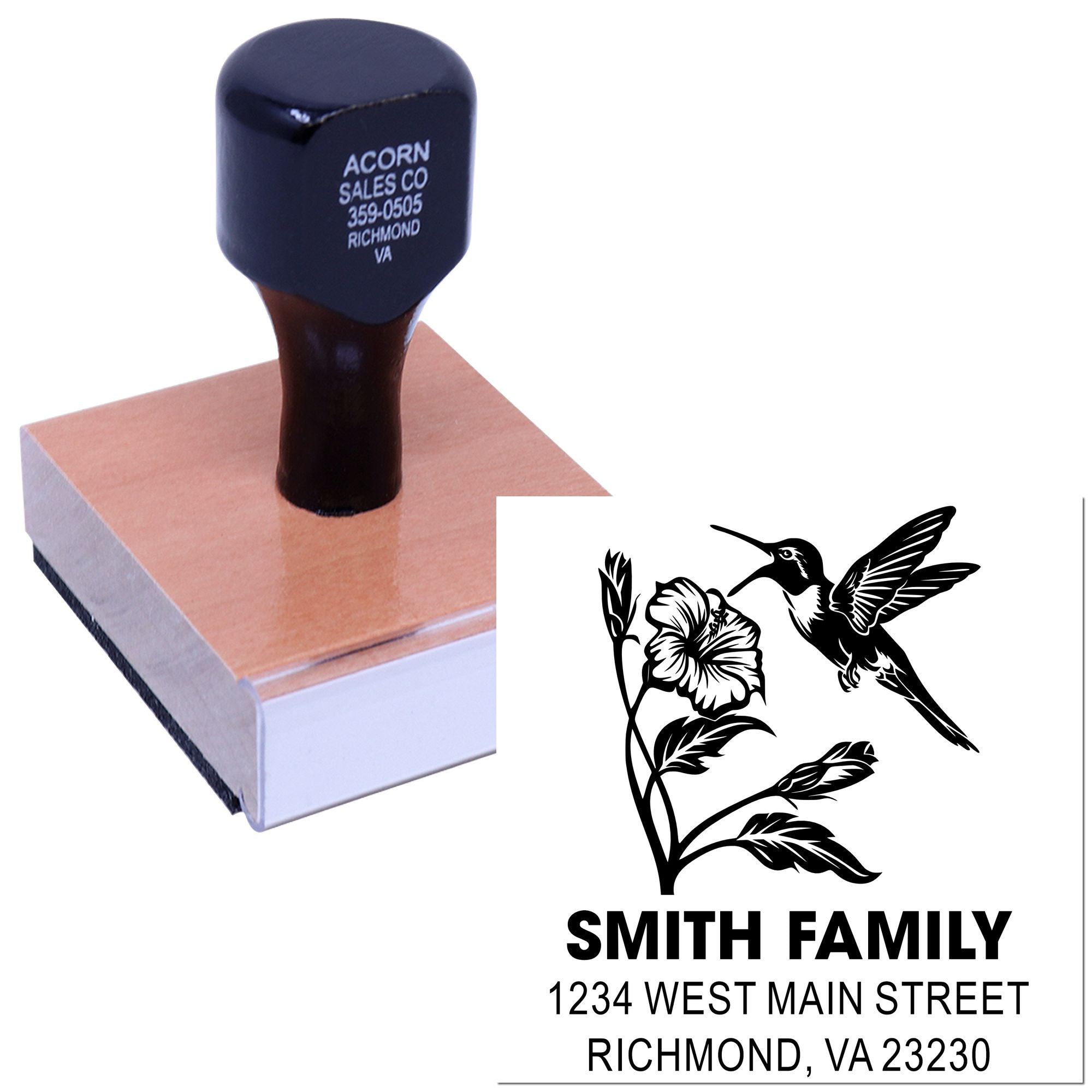 Custom self-inking rubber stamp with hummingbird design and Smith Family address in Richmond, VA for personalized mailing.