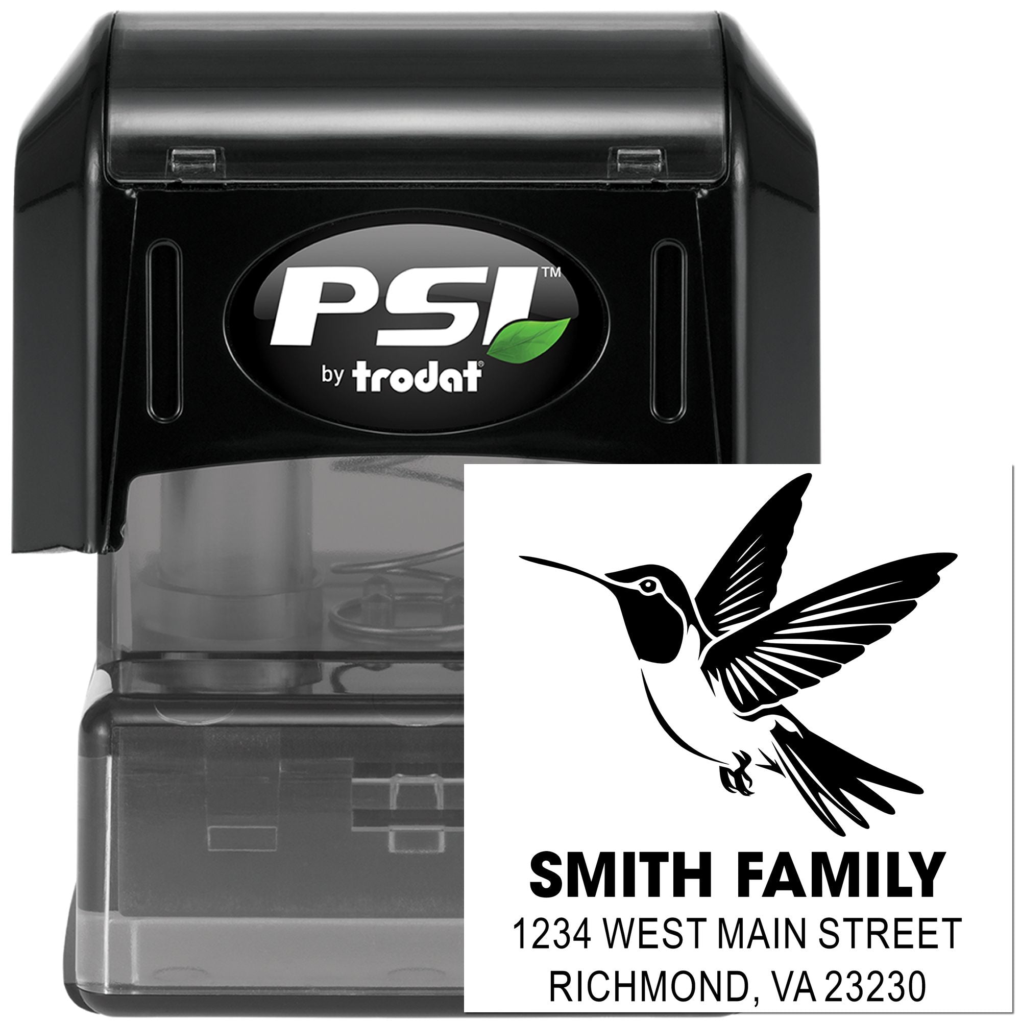 Custom PSI by Trodat address rubber stamp with hummingbird design and Smith Family return address imprint