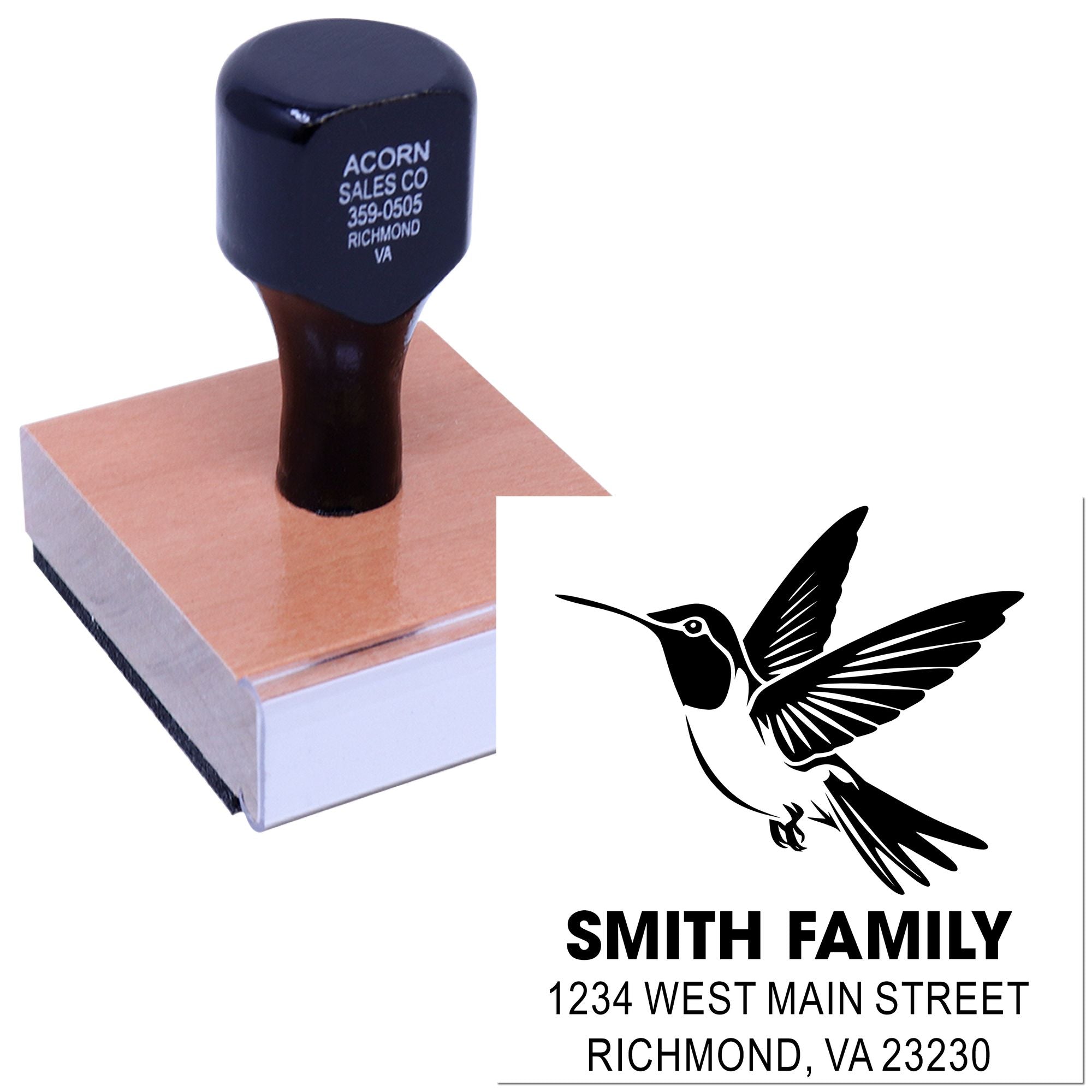Custom self-inking return address rubber stamp with hummingbird design for Smith Family, Richmond, VA.