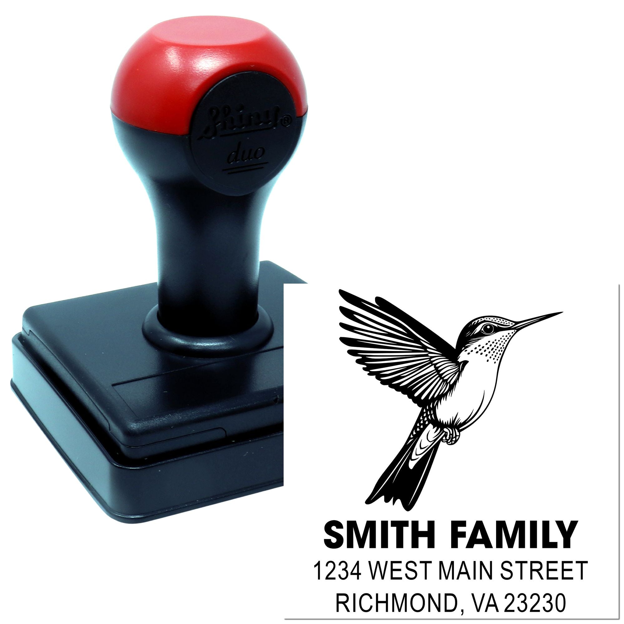 Custom self-inking rubber address stamp with hummingbird logo and Smith family return address for mailing.