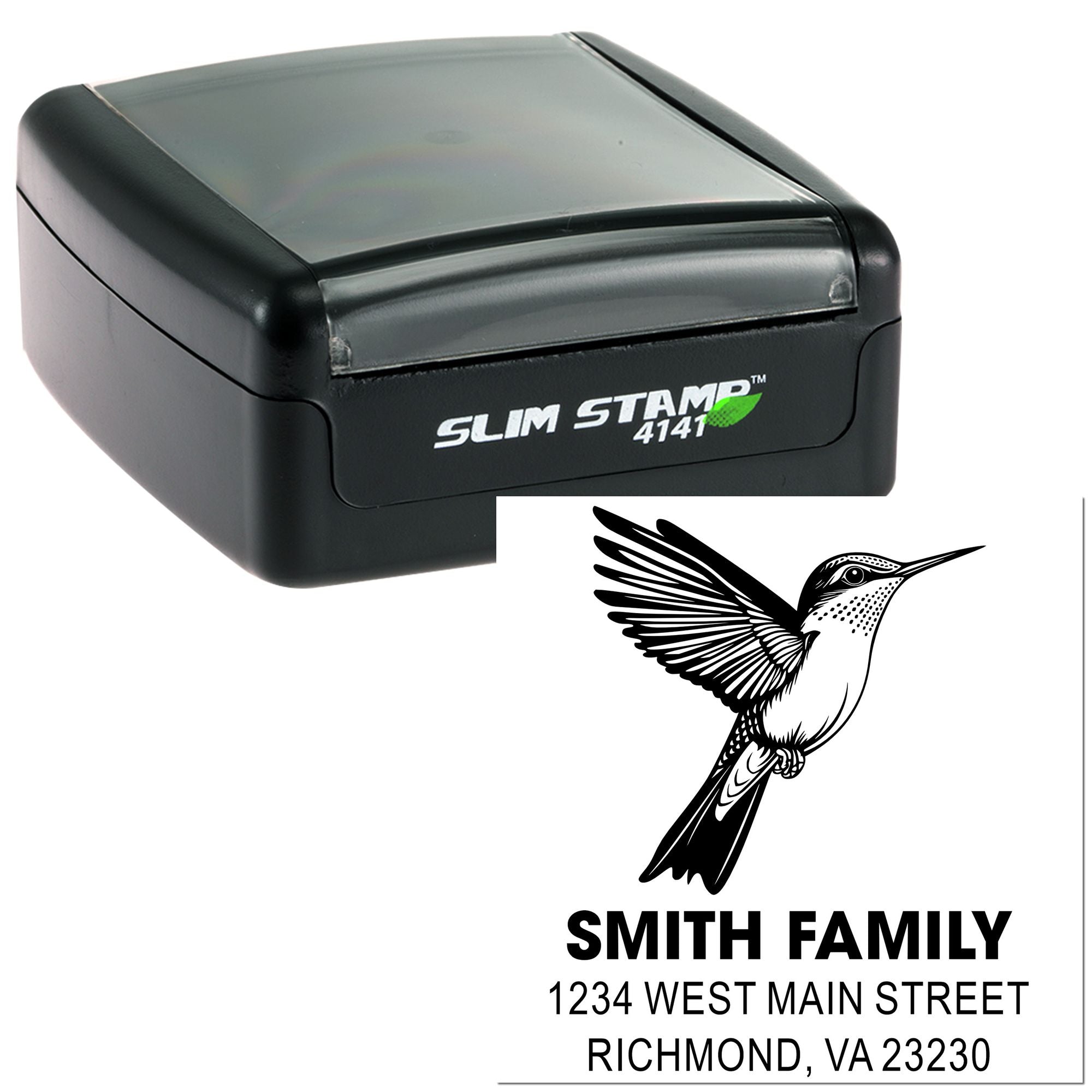Custom self-inking rubber stamp with hummingbird design and return address for personalized family mailing labels.