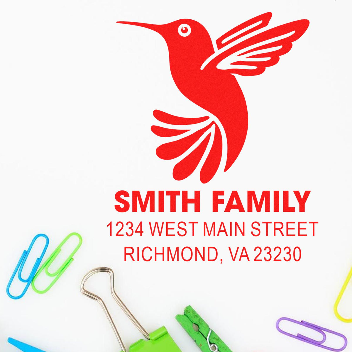 Personalized rubber address stamp with red hummingbird logo, Smith Family name, and Richmond, VA return address.