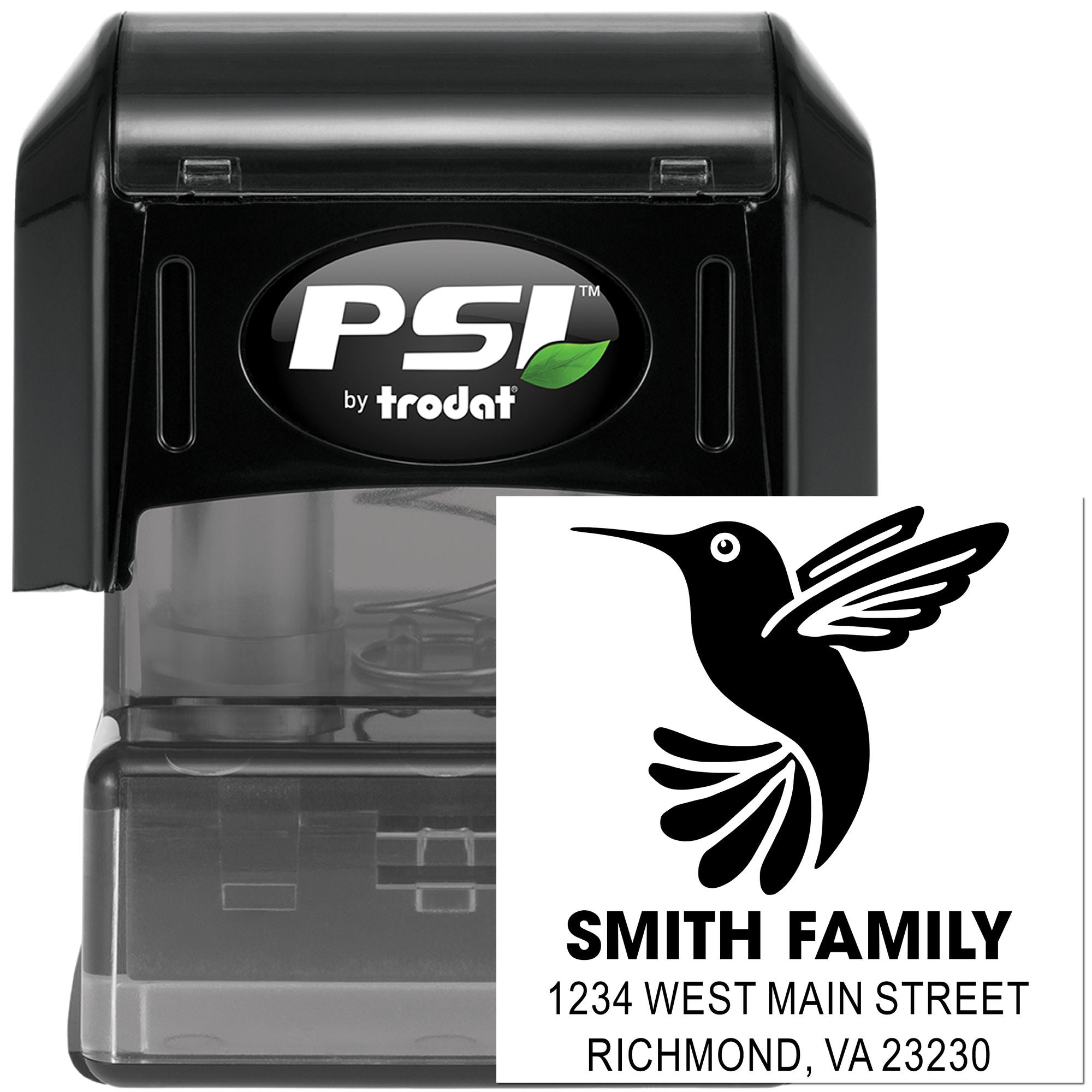 Custom PSI by Trodat self-inking rubber address stamp with hummingbird logo for Smith Family, 1234 West Main Street, Richmond VA 23230