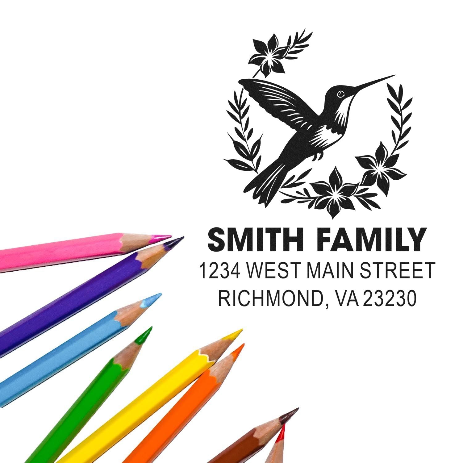 Personalized return address rubber stamp with hummingbird floral design for Smith family, Richmond, VA