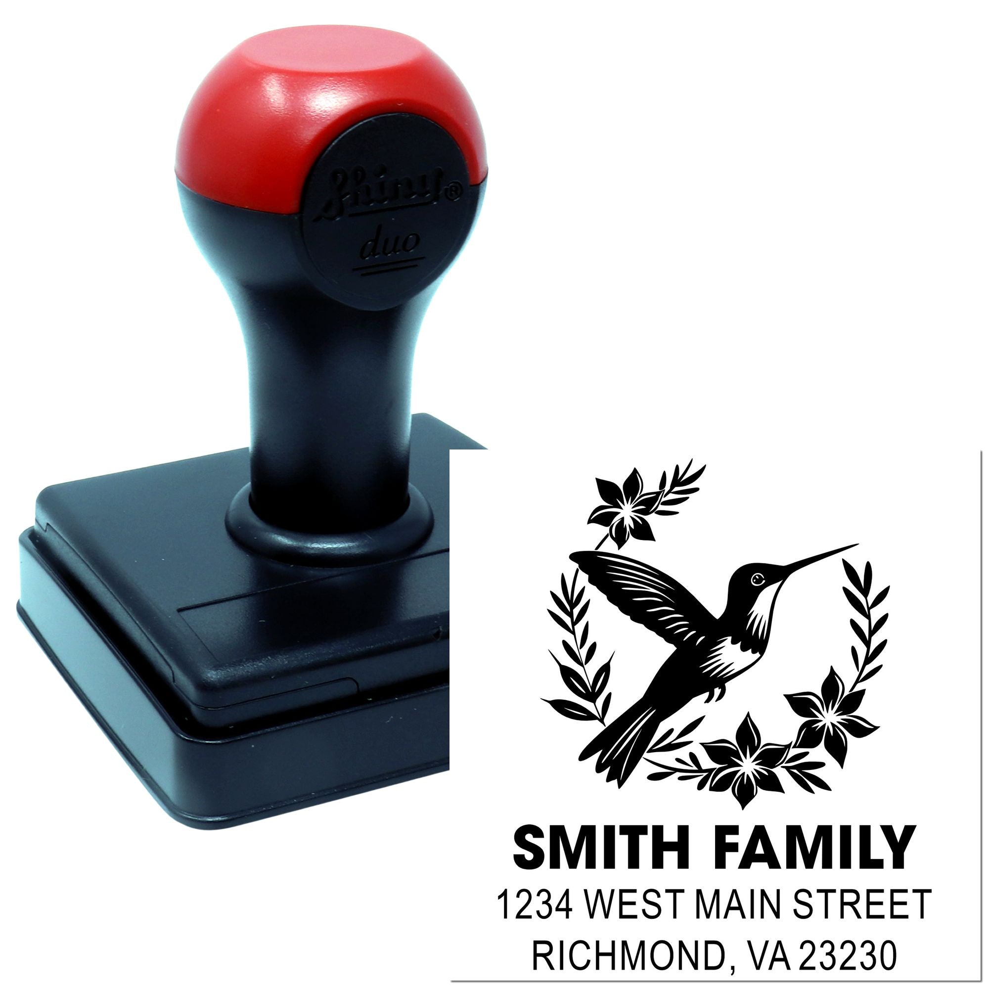 Custom self-inking rubber address stamp with hummingbird design for Smith Family return address labels