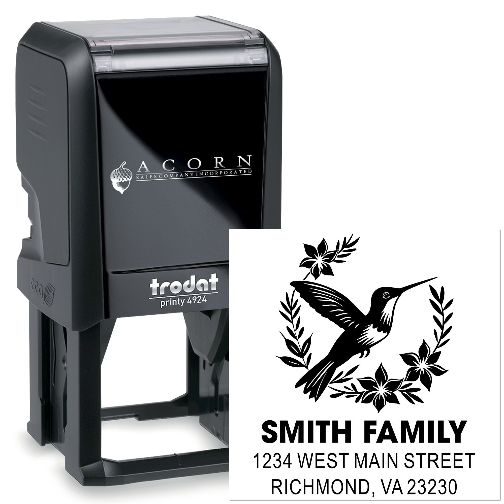 Custom self-inking rubber address stamp with hummingbird floral design, Smith Family name, and Trodat Printy 4924 branding.