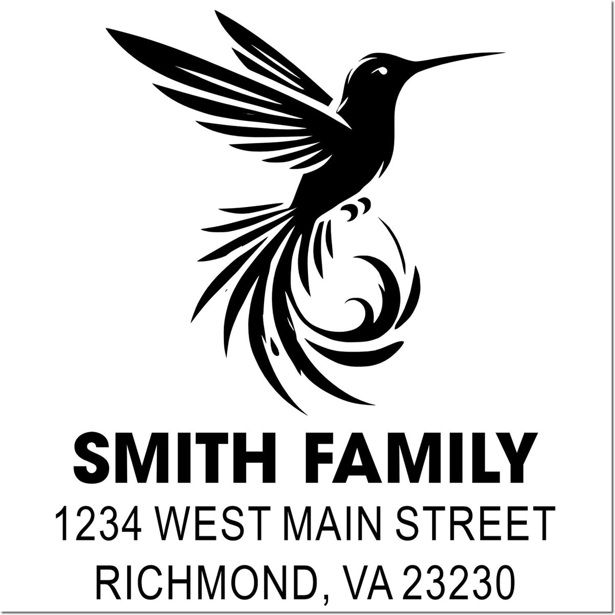 Custom hummingbird family return address rubber stamp with Smith Family, 1234 West Main Street, Richmond, VA 23230