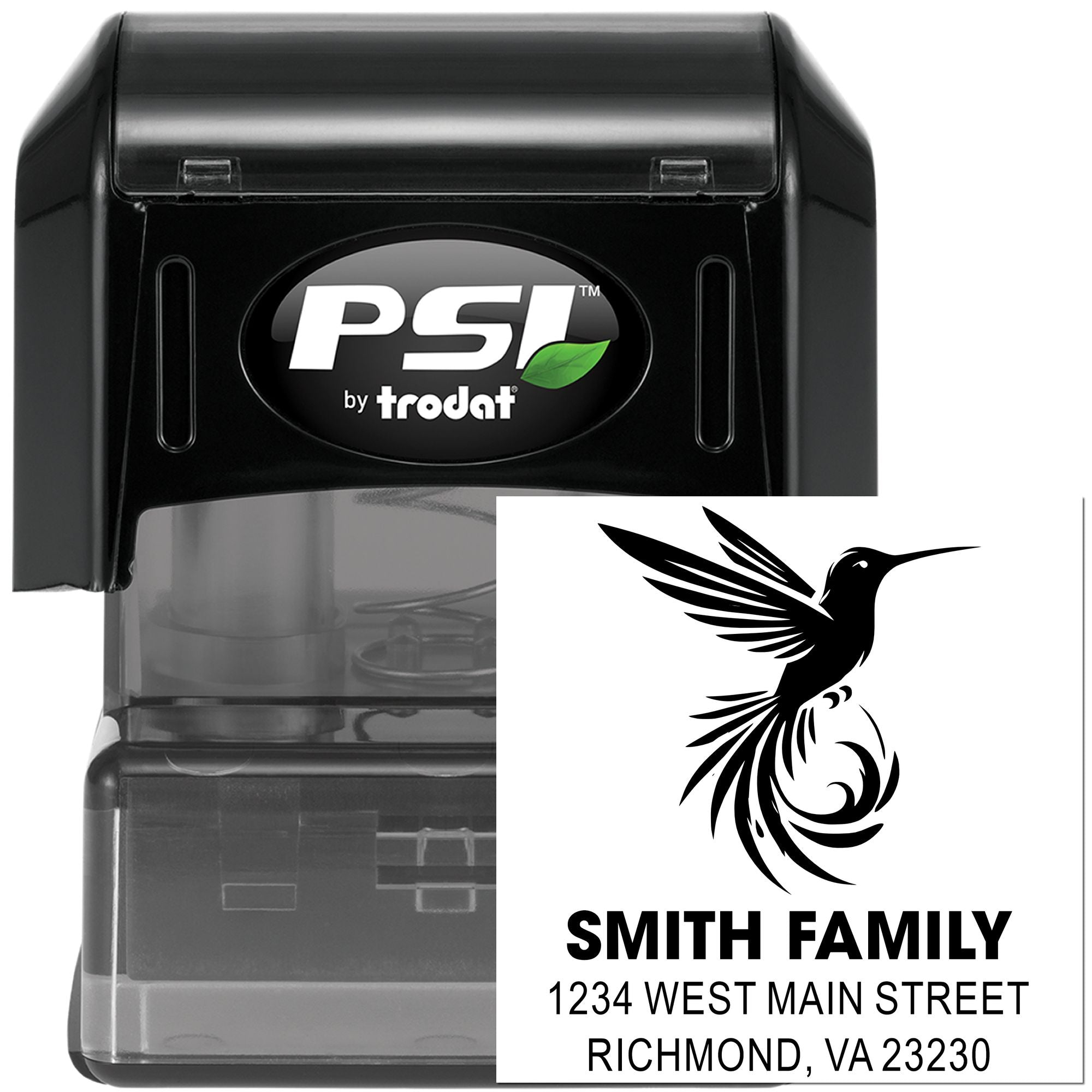 PSI by Trodat custom self-inking address stamp with hummingbird design, Smith Family name, and Richmond, VA address.
