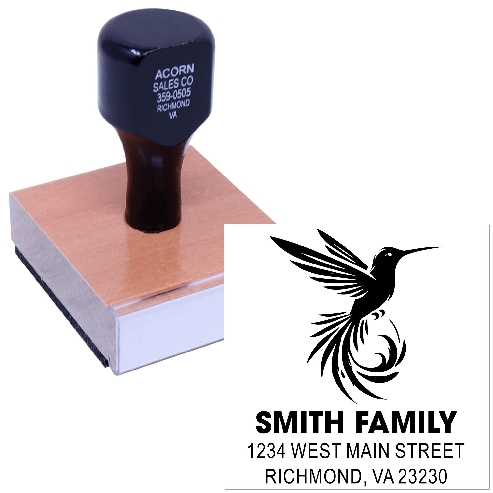 Custom rubber address stamp with hummingbird logo and Smith Family return address for personalized mailing.