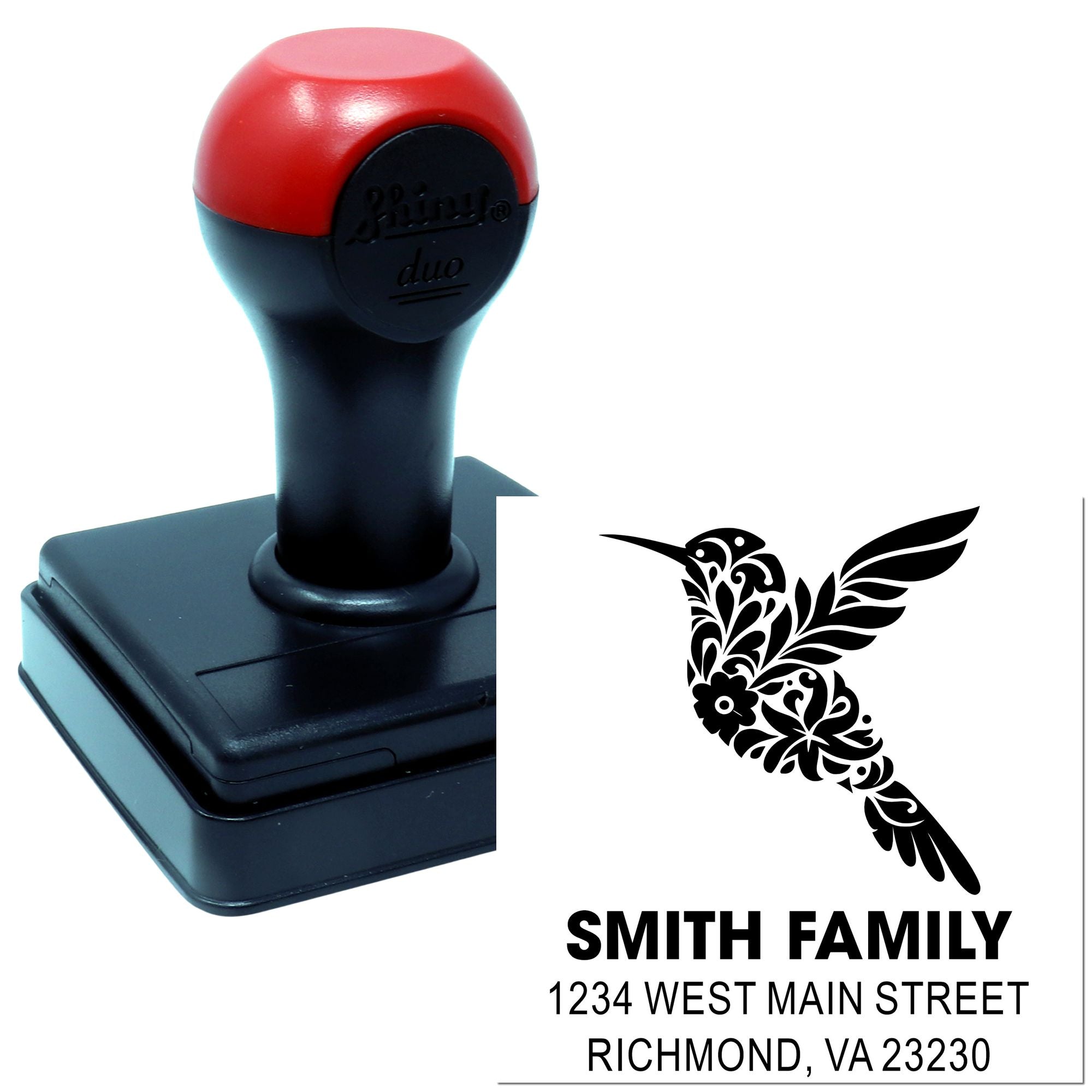 Custom self-inking rubber stamp with hummingbird design and Smith family return address, Richmond, VA 23230
