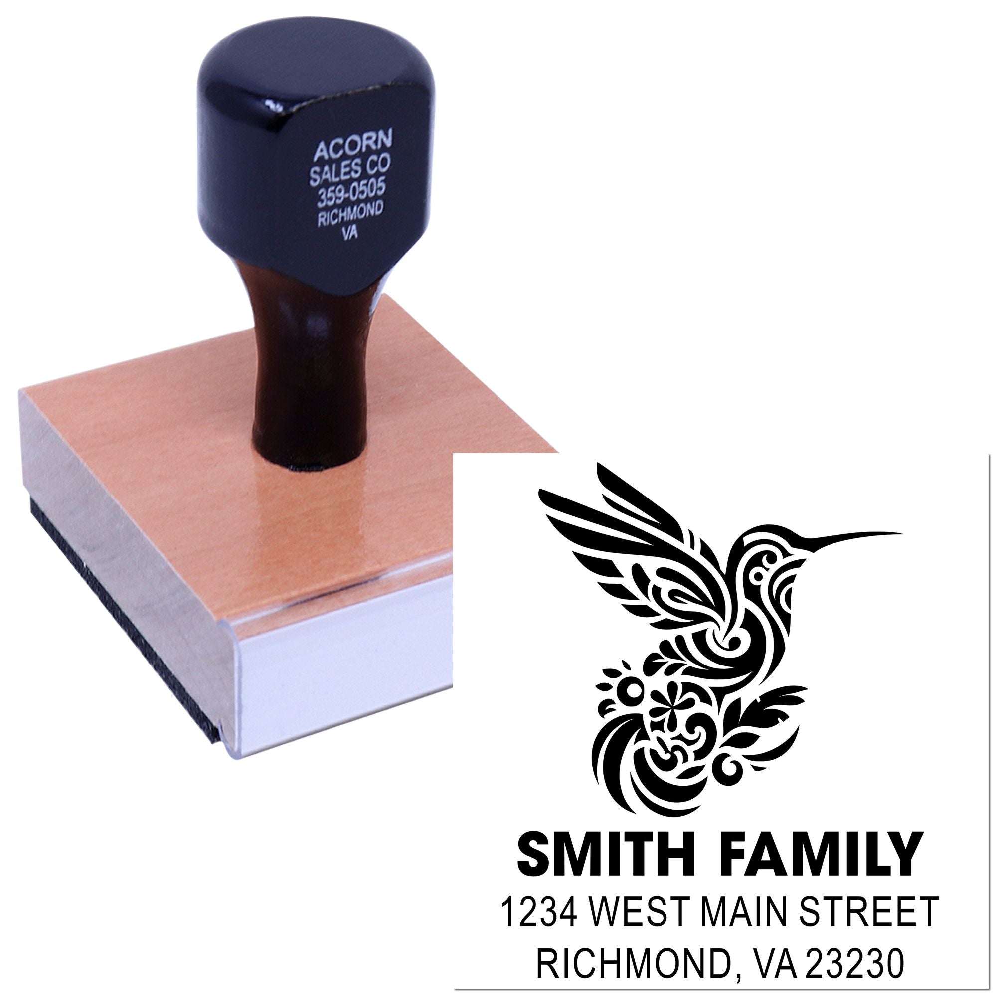 Custom address rubber stamp with hummingbird design for Smith Family return address and personalized mailing.