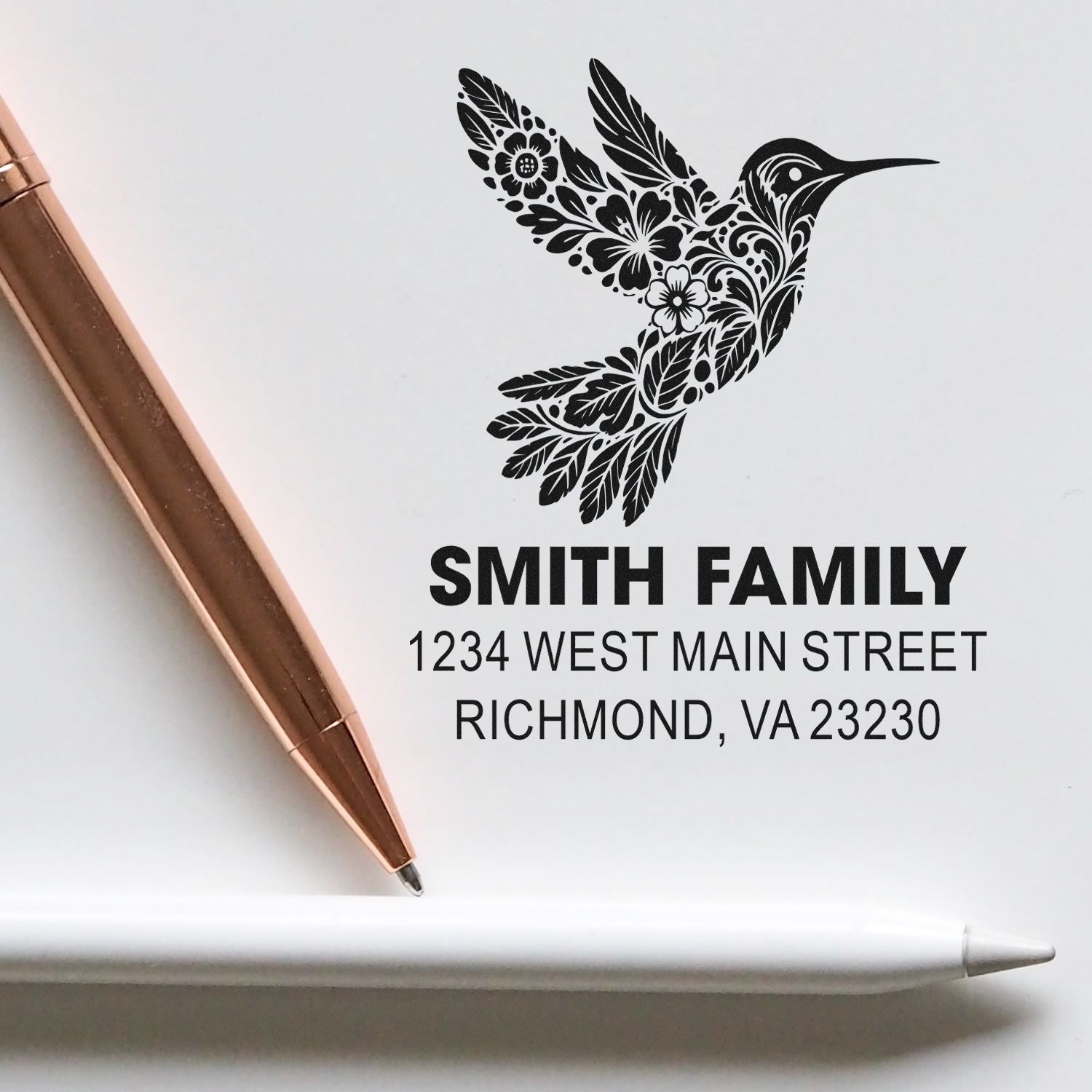 Custom return address rubber stamp with hummingbird floral design for Smith Family, Richmond VA