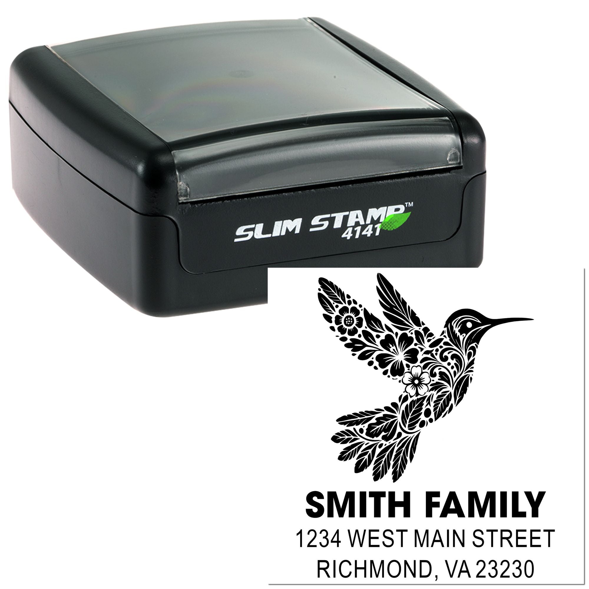 Custom self-inking return address rubber stamp with hummingbird design for Smith Family, 1234 West Main Street, Richmond, VA.