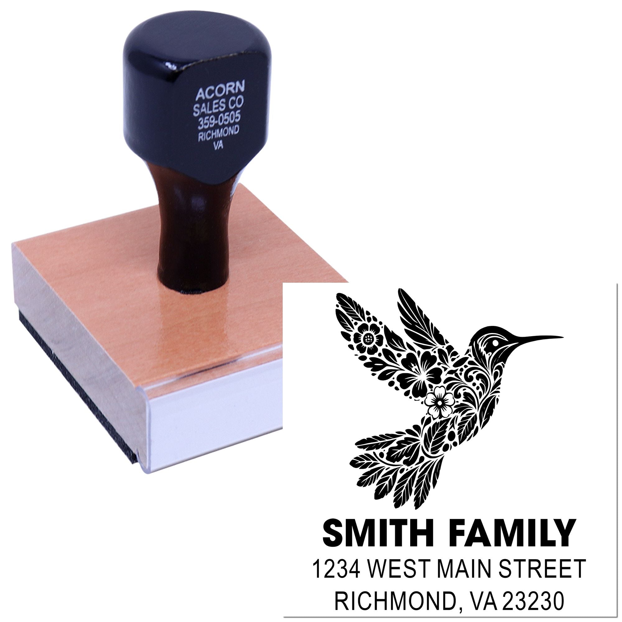 Custom rubber stamp with hummingbird family address design for personalized mailing and return address stamping.