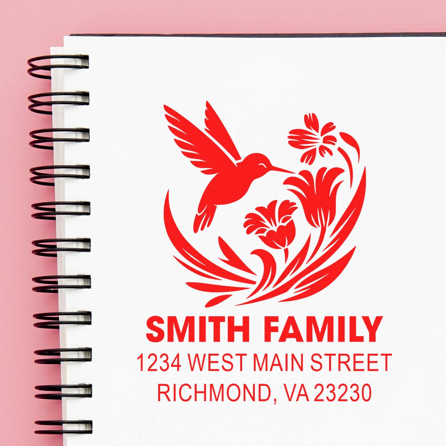 Custom return address rubber stamp with hummingbird floral design, featuring Smith Family and Richmond, VA for envelopes.