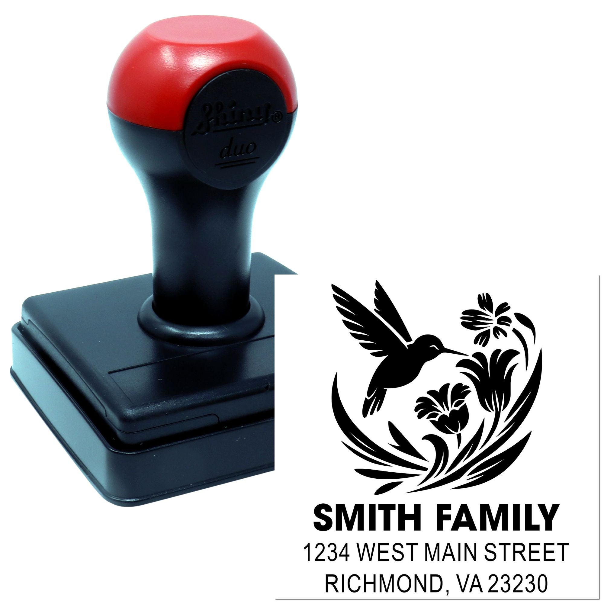 Custom self-inking rubber address stamp with hummingbird floral design for Smith Family, Richmond, VA 23230.