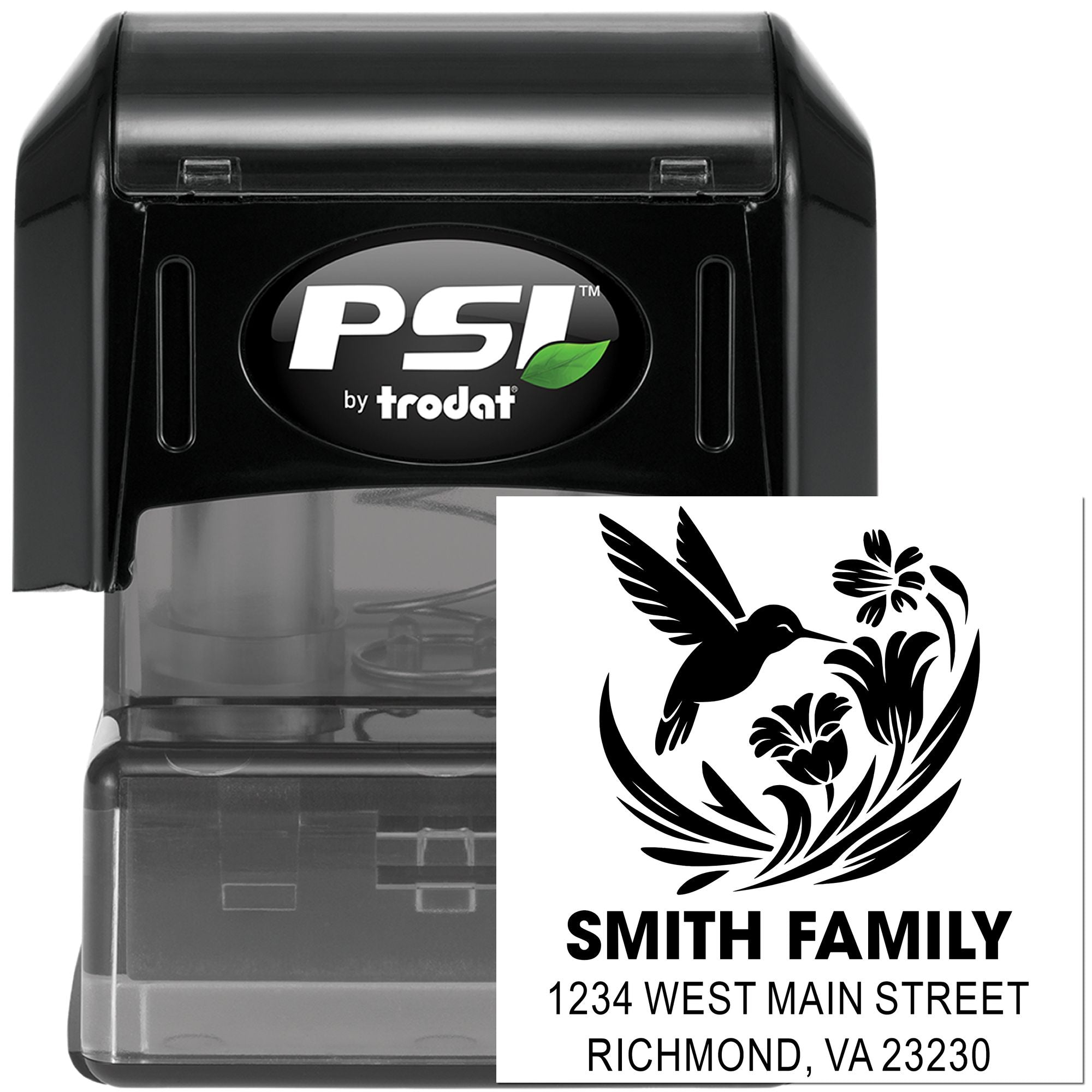 Custom self-inking return address rubber stamp with hummingbird design for Smith Family, Richmond, VA