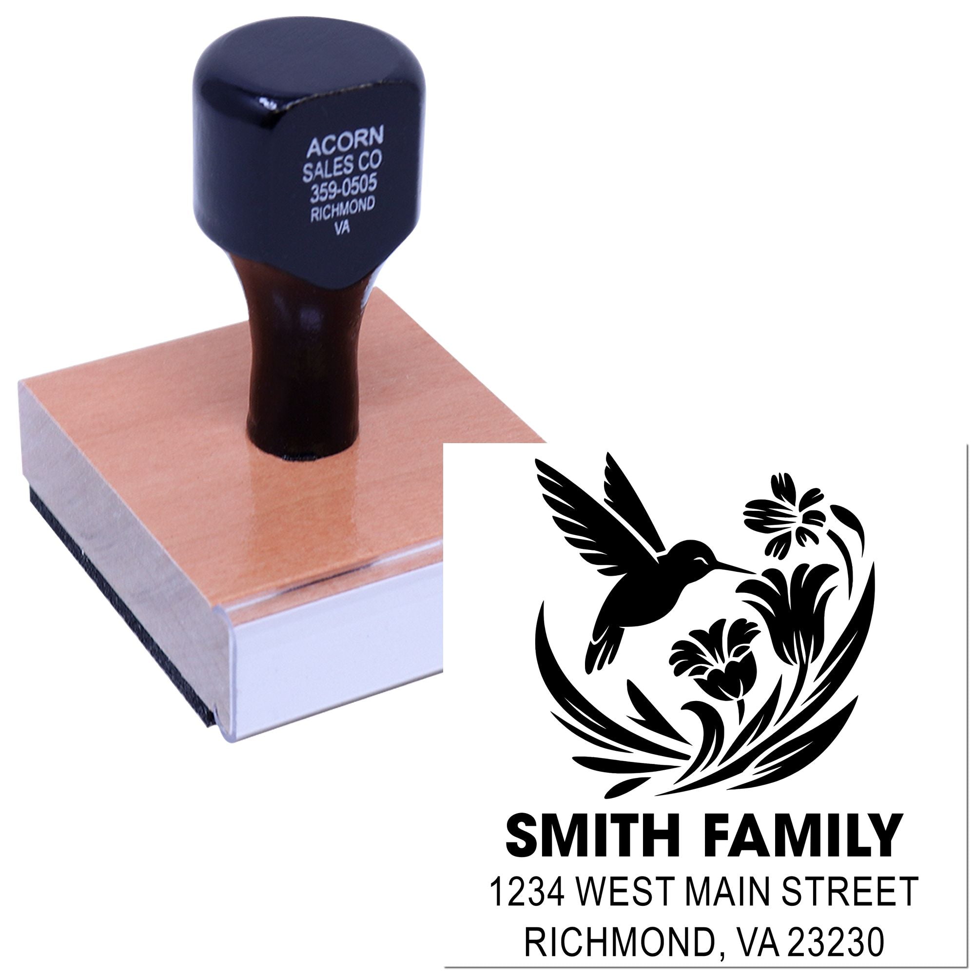 Custom rubber stamp for personalized return address labels, featuring a hummingbird floral design for family mailings.