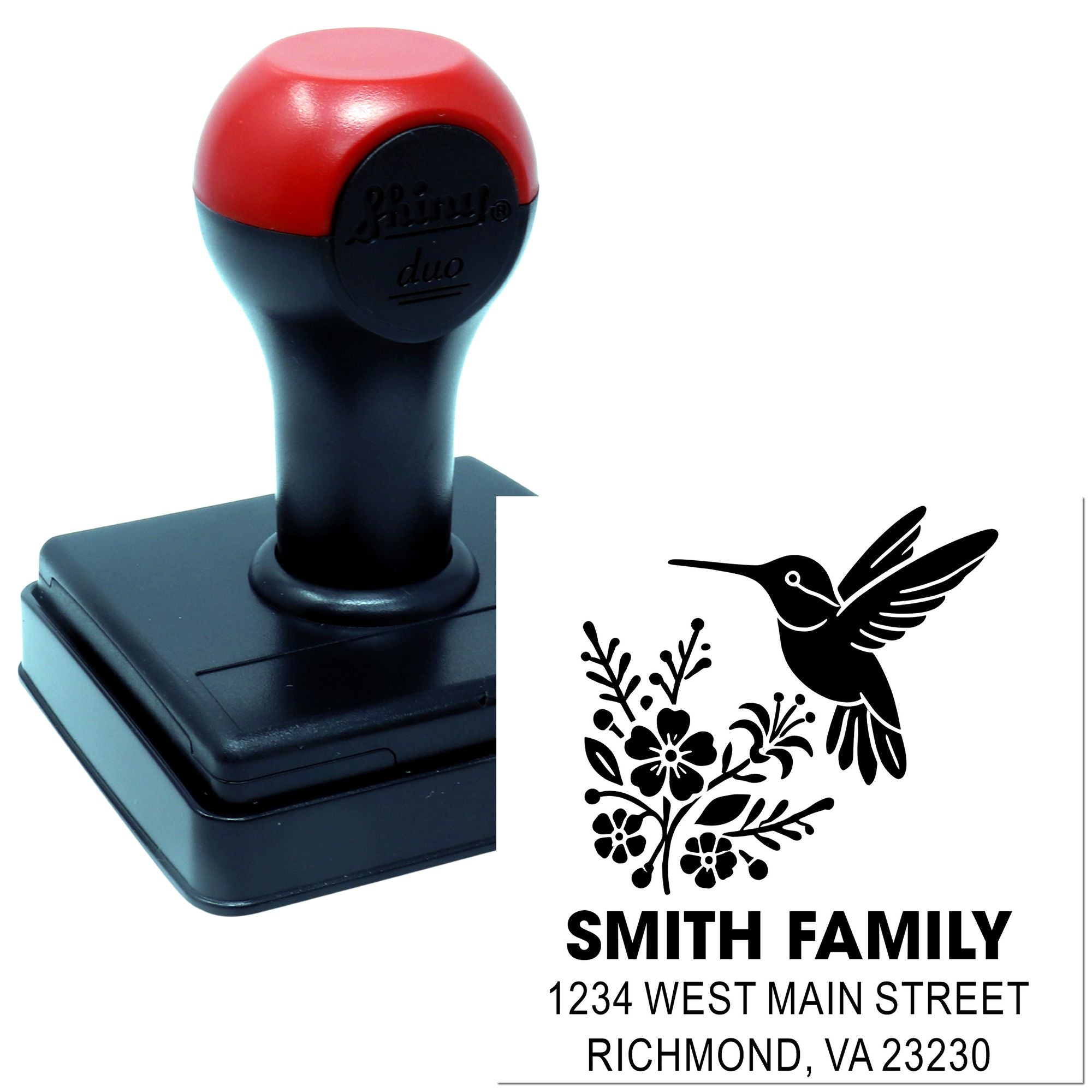 Personalized self-inking rubber address stamp with hummingbird floral design for Smith Family, Richmond, VA 23230.