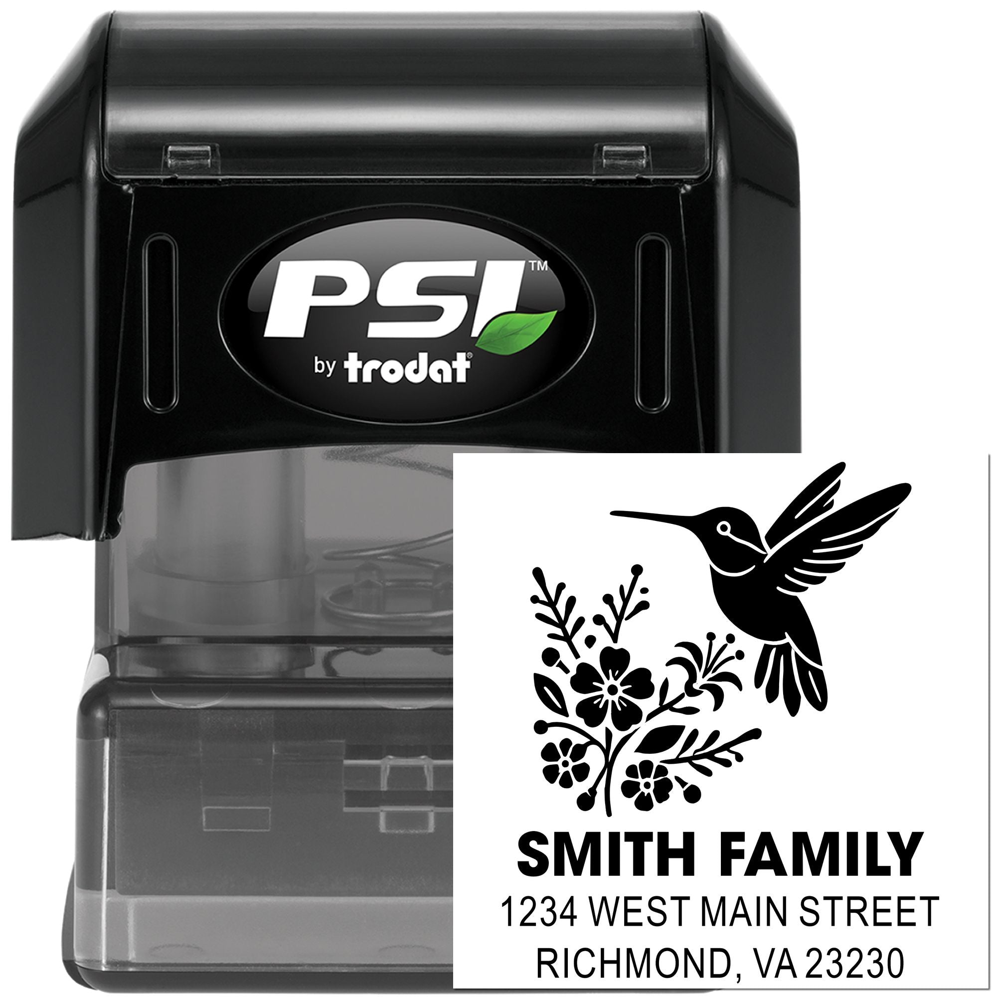 Custom self-inking return address rubber stamp with hummingbird floral design, PSI by Trodat for family mail.