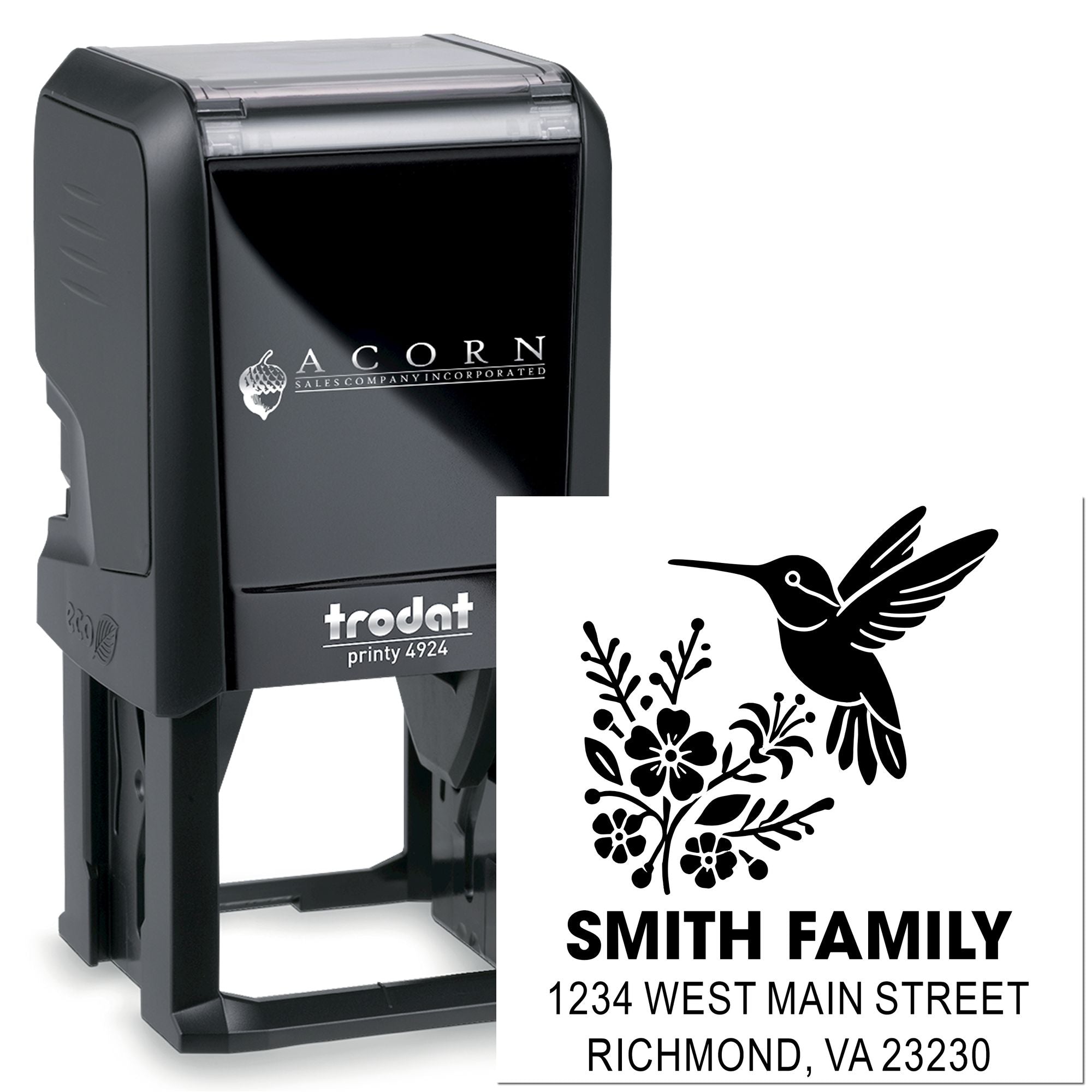 Custom self-inking rubber stamp with hummingbird design and Smith Family return address imprint