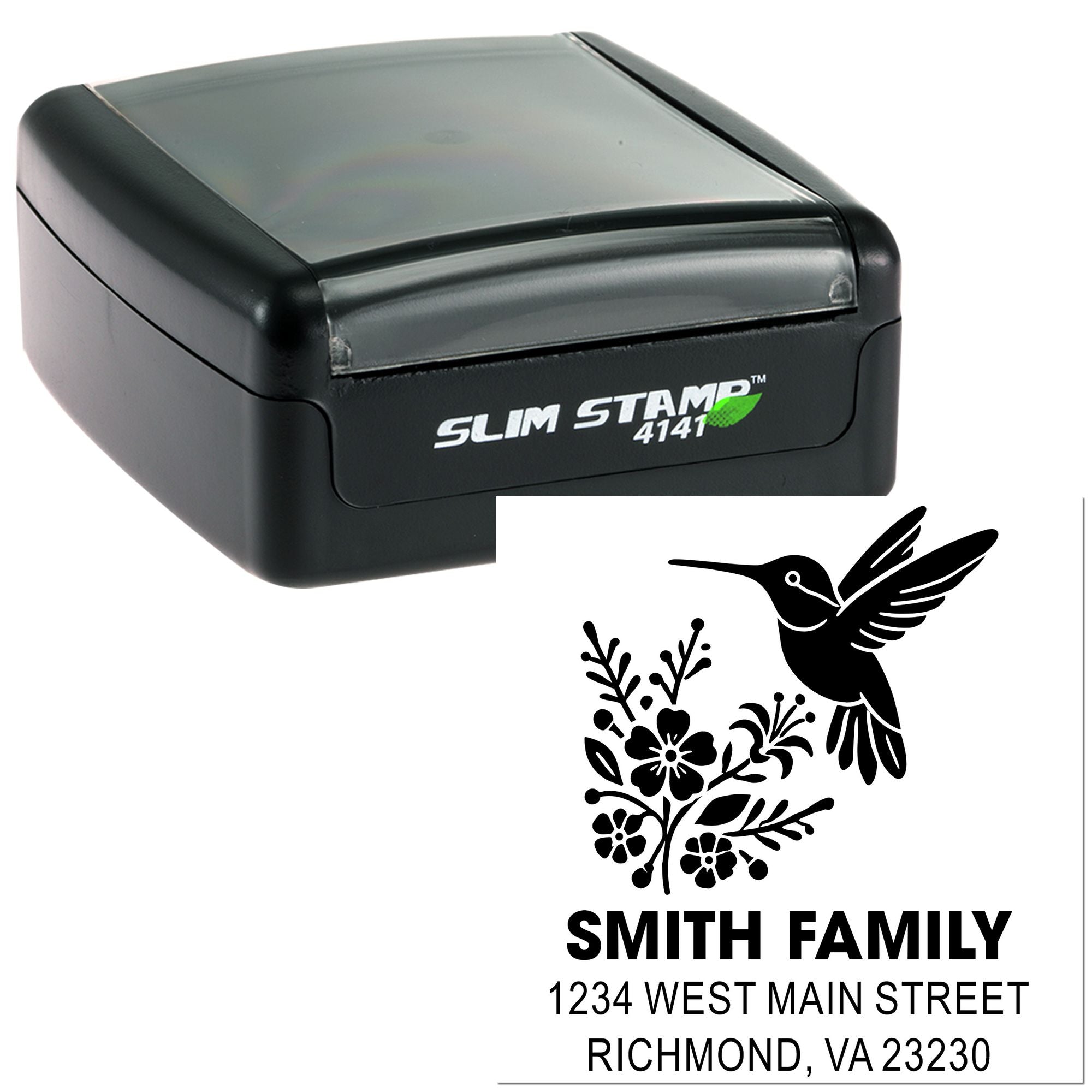 Custom Slim Stamp rubber stamp with hummingbird floral return address design for Smith Family, Richmond, VA.