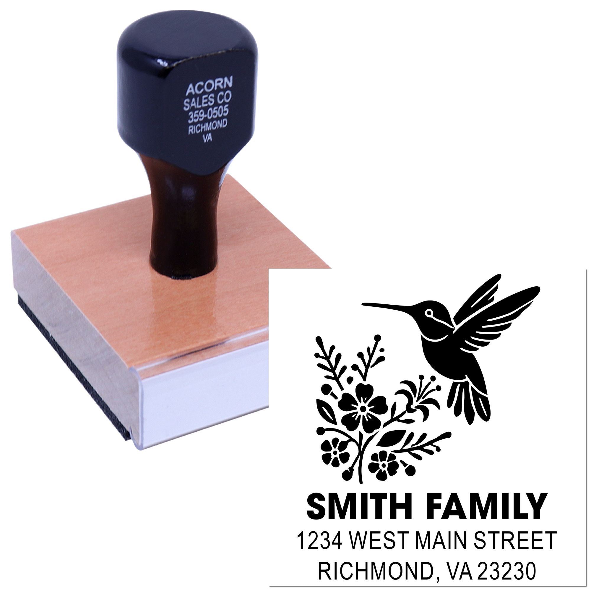 Custom rubber address stamp with hummingbird floral design for Smith Family, Richmond, VA return address stamp.