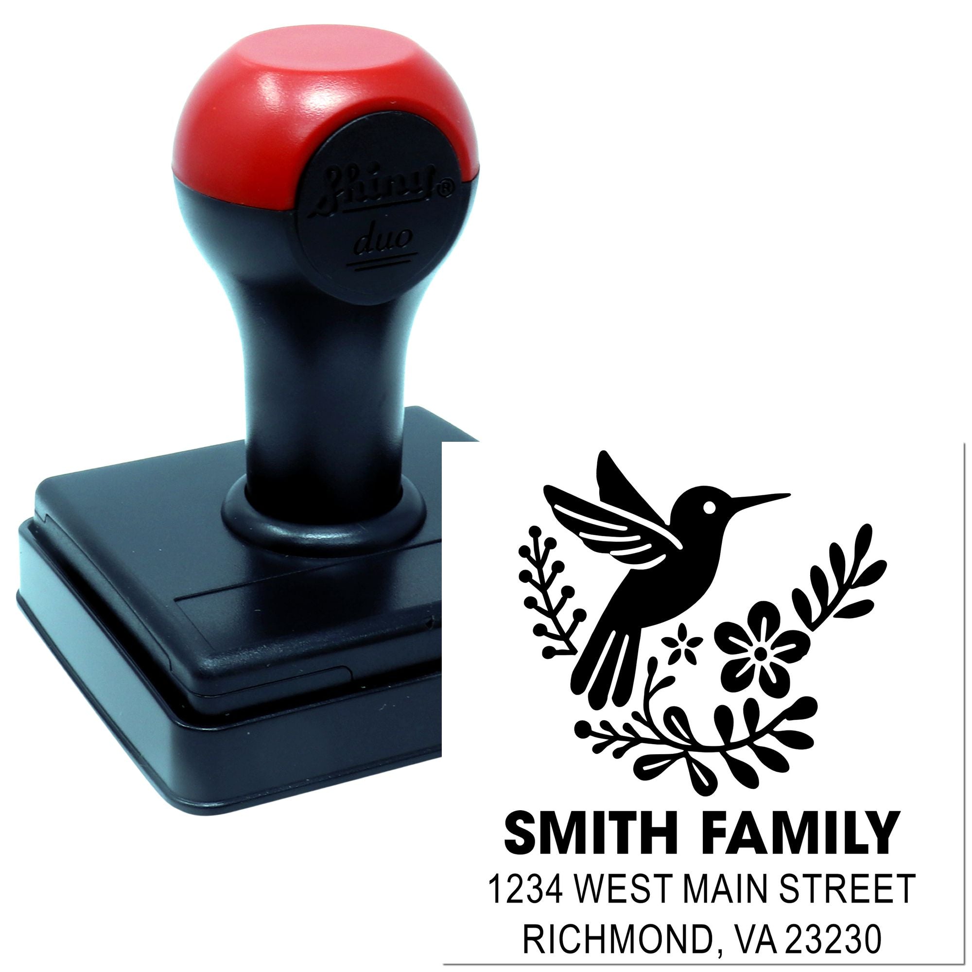 Custom rubber address stamp with hummingbird floral family return address design for personalized mailing.