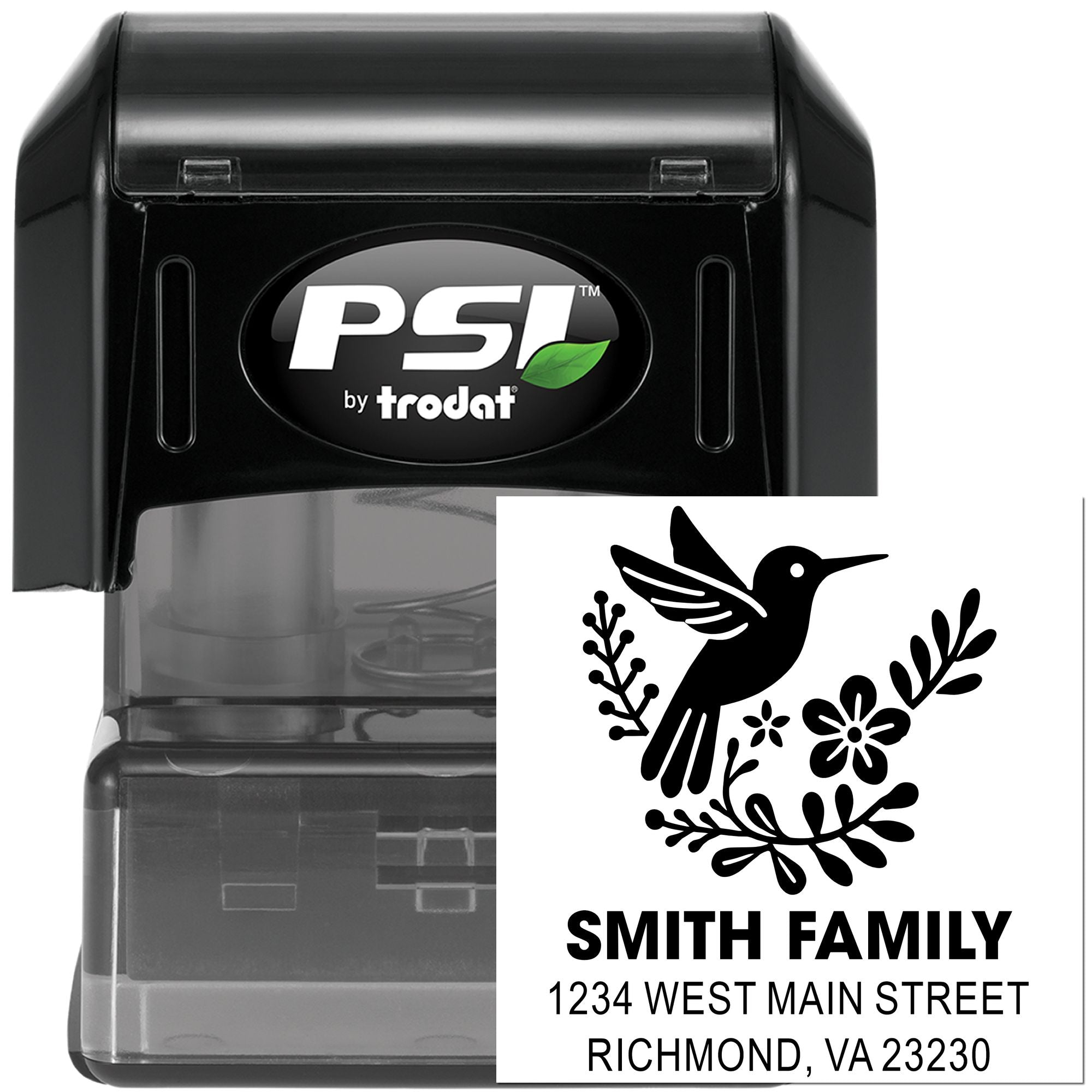 Custom return address rubber stamp with hummingbird design, Smith Family name, and address by PSI by Trodat.