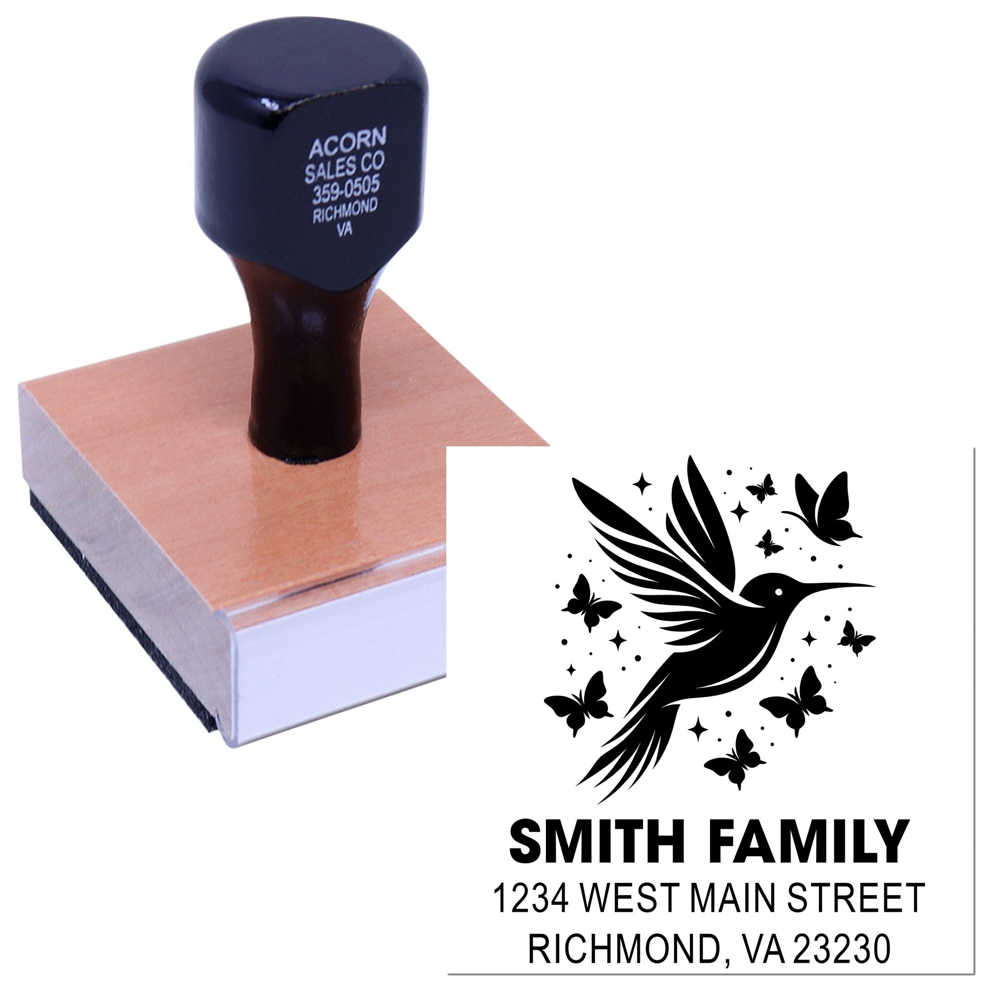 Custom family address rubber stamp with hummingbird design for personalized mailing and stationery.