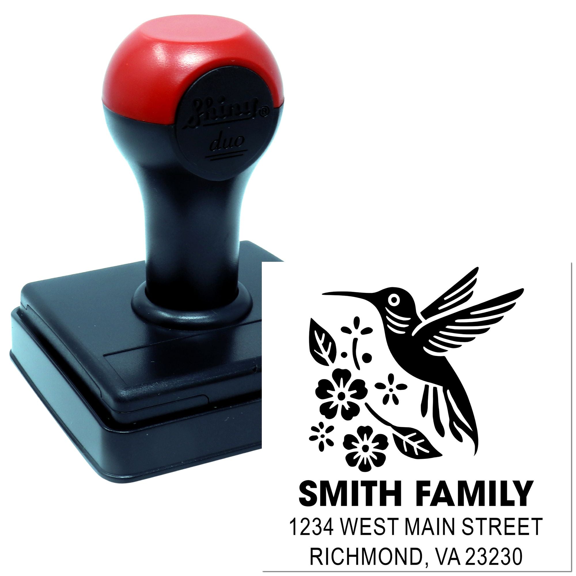 Custom self-inking rubber address stamp with hummingbird design for Smith family, West Main Street, Richmond VA.