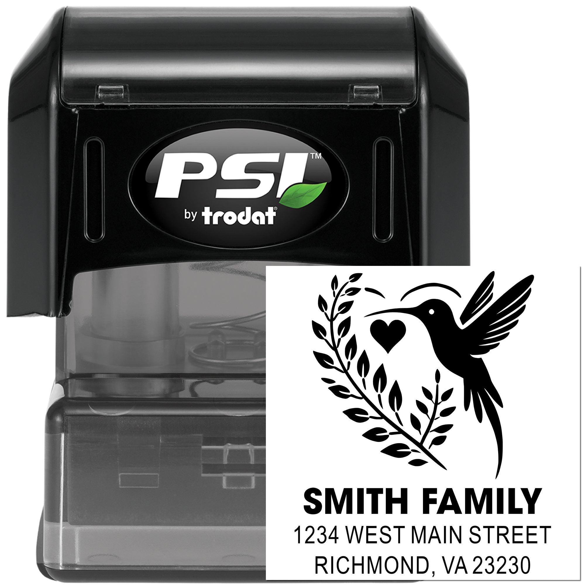 Custom self-inking rubber stamp by PSI Trodat with hummingbird design and Smith Family return address, Richmond VA.