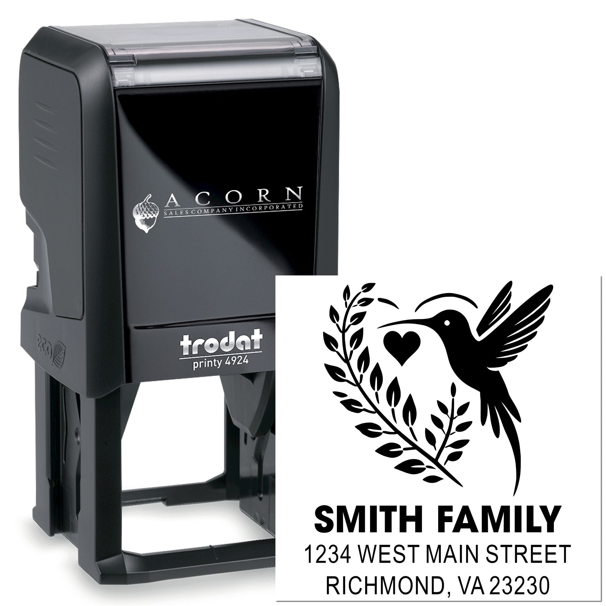 Custom self-inking rubber address stamp with hummingbird family design, shown on Trodat Printy 4924 stamp.