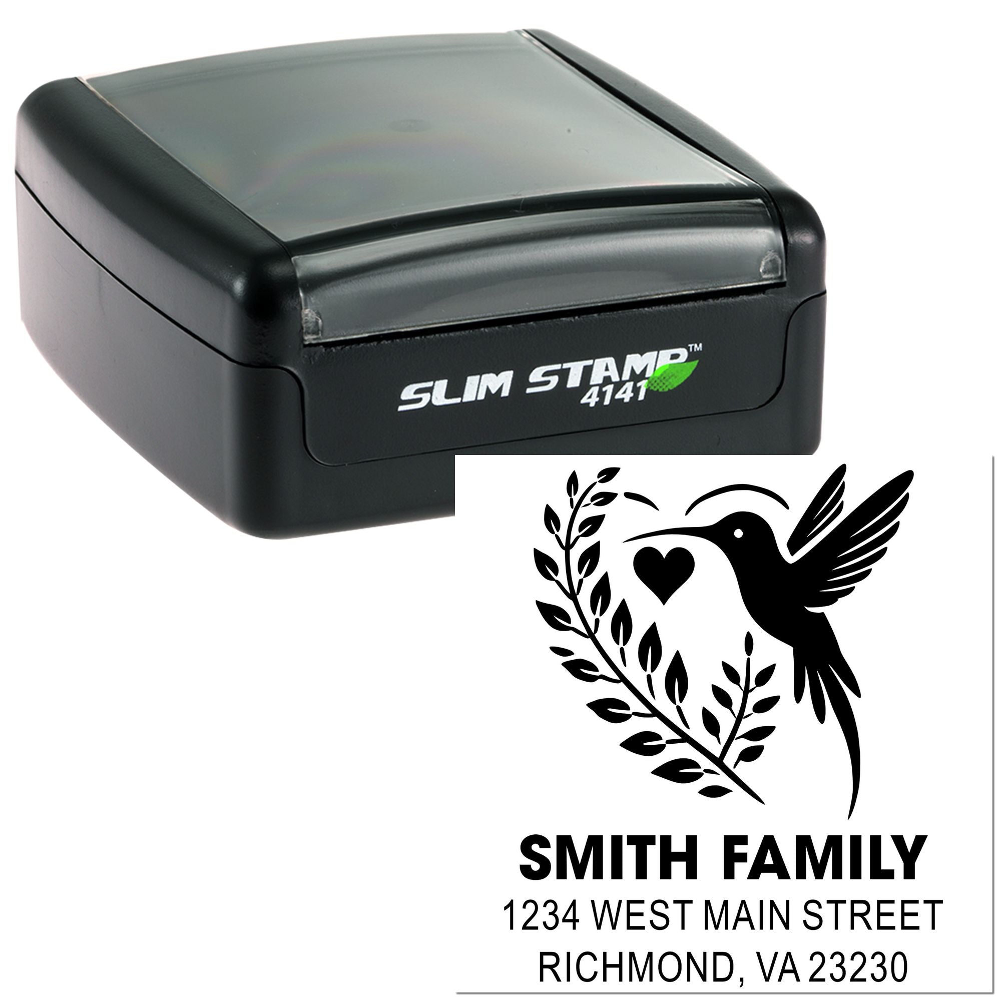 Custom self-inking rubber address stamp with hummingbird design for Smith Family return mailing labels