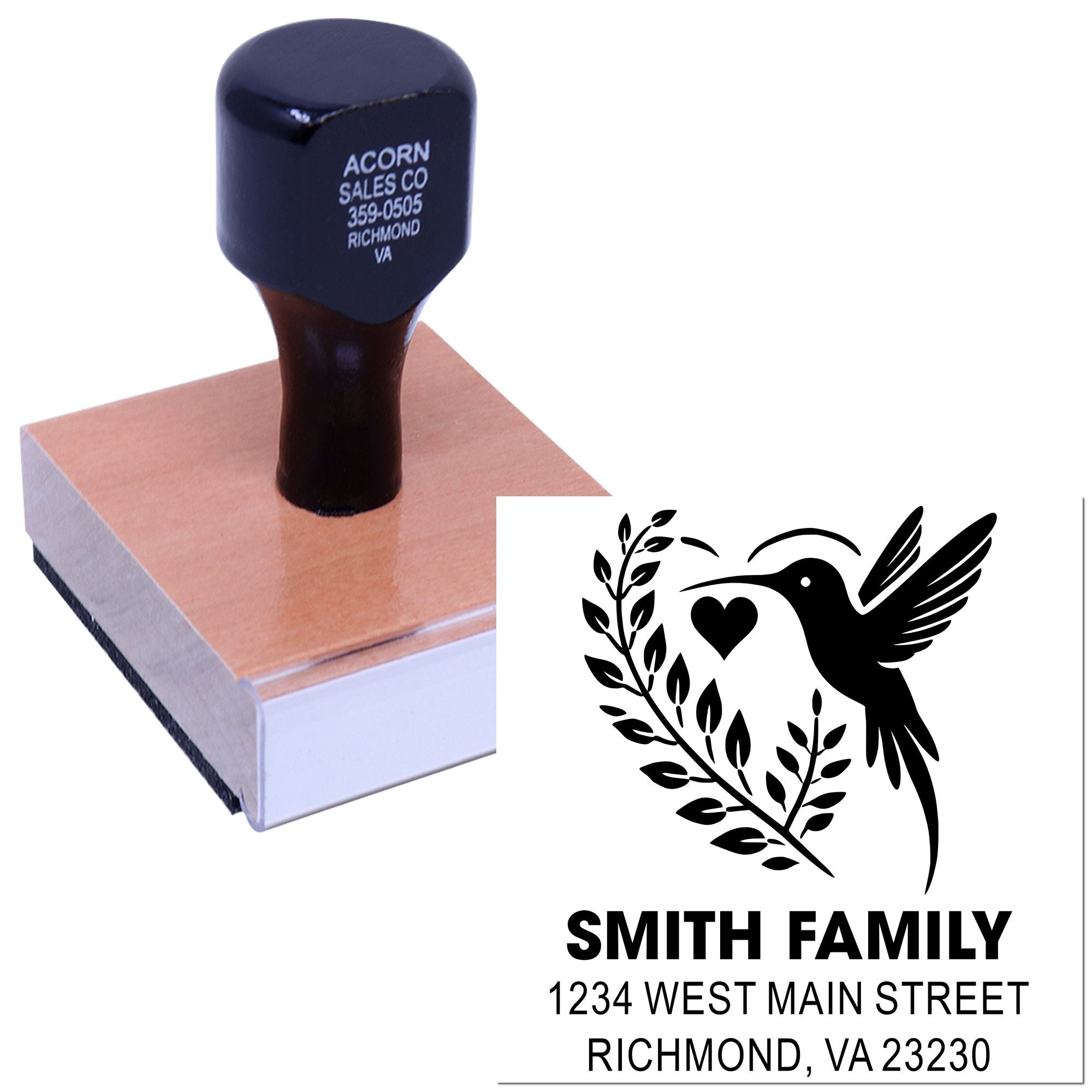 Custom rubber stamp and self-inking address stamp example with personalized hummingbird family return address design