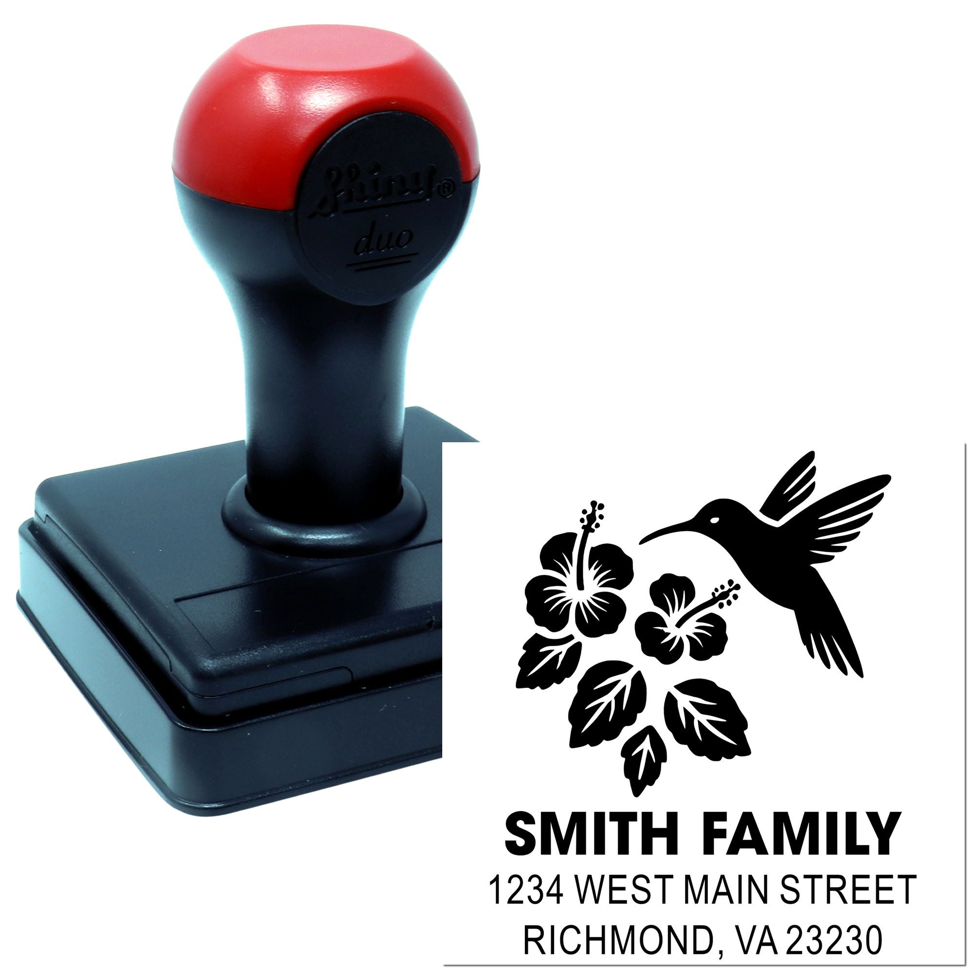 Custom self-inking rubber return address stamp with hummingbird and hibiscus for Smith Family, Richmond VA