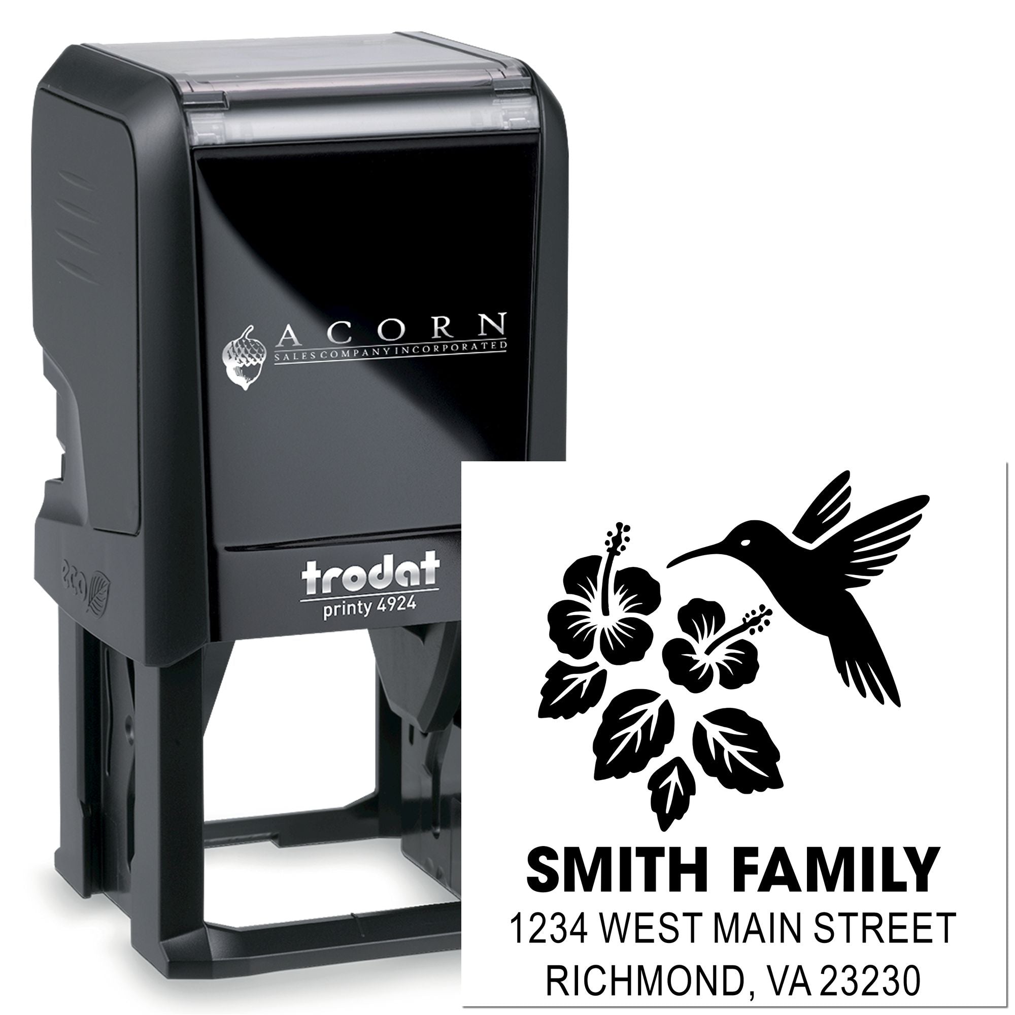 Custom self-inking rubber stamp with hummingbird floral return address design, Trodat Printy 4924