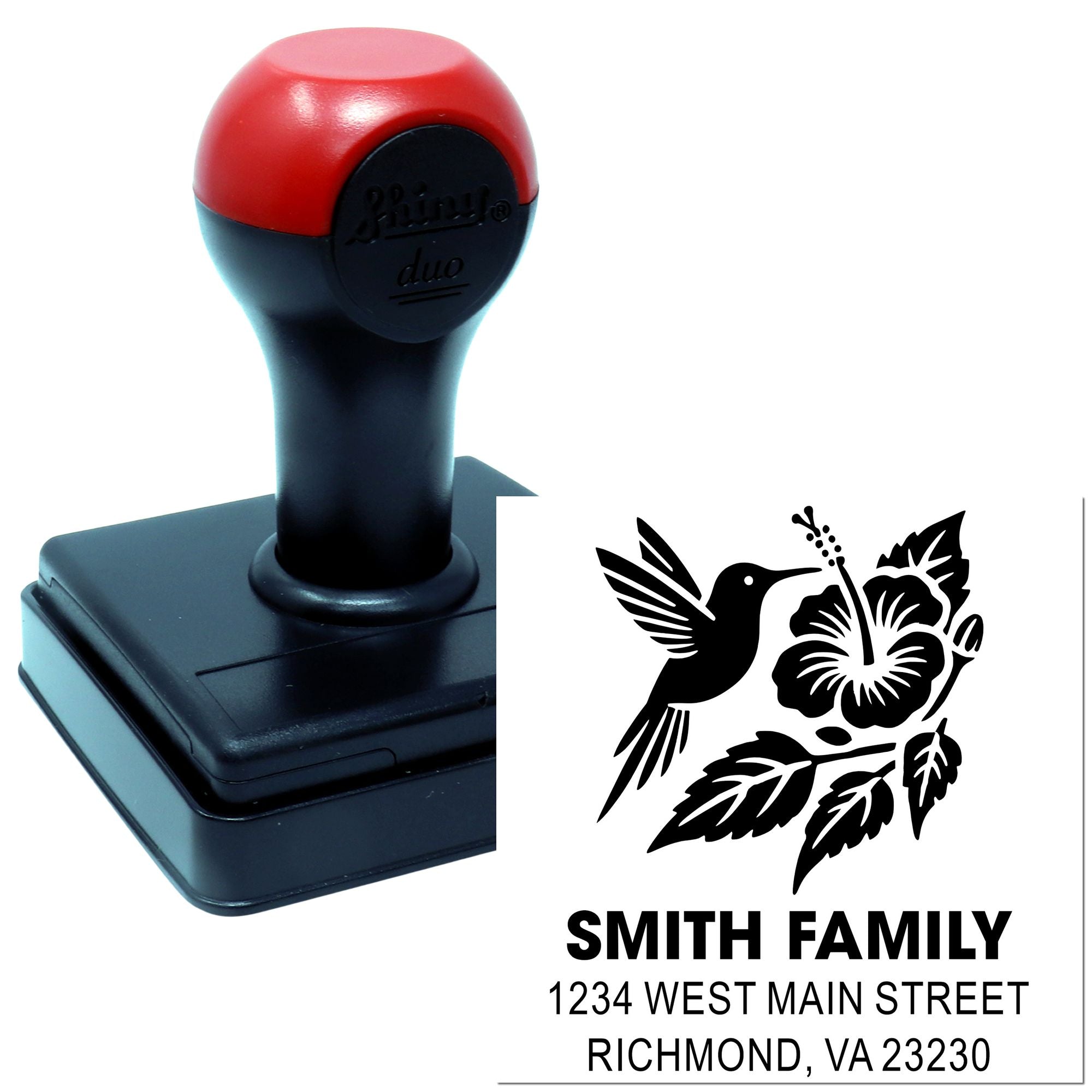 Custom self-inking rubber address stamp with hummingbird and floral design for Smith Family return address.