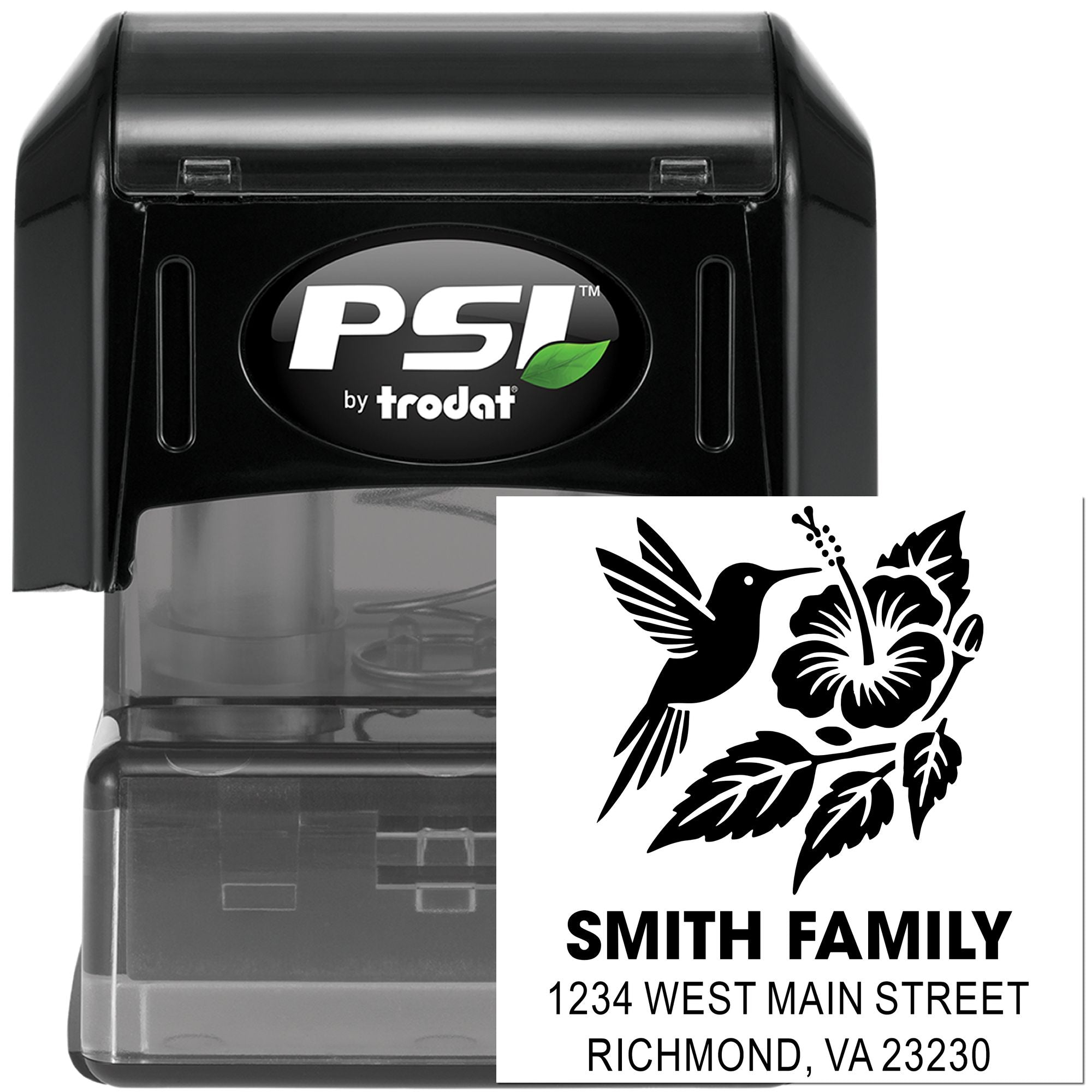 PSI by Trodat self-inking rubber address stamp with hummingbird design for Smith Family return address in Richmond, VA