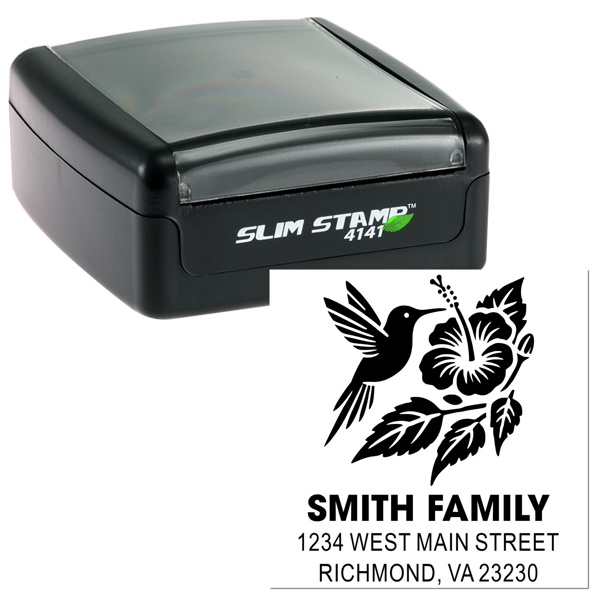 Custom self-inking return address rubber stamp with hummingbird floral design for the Smith Family