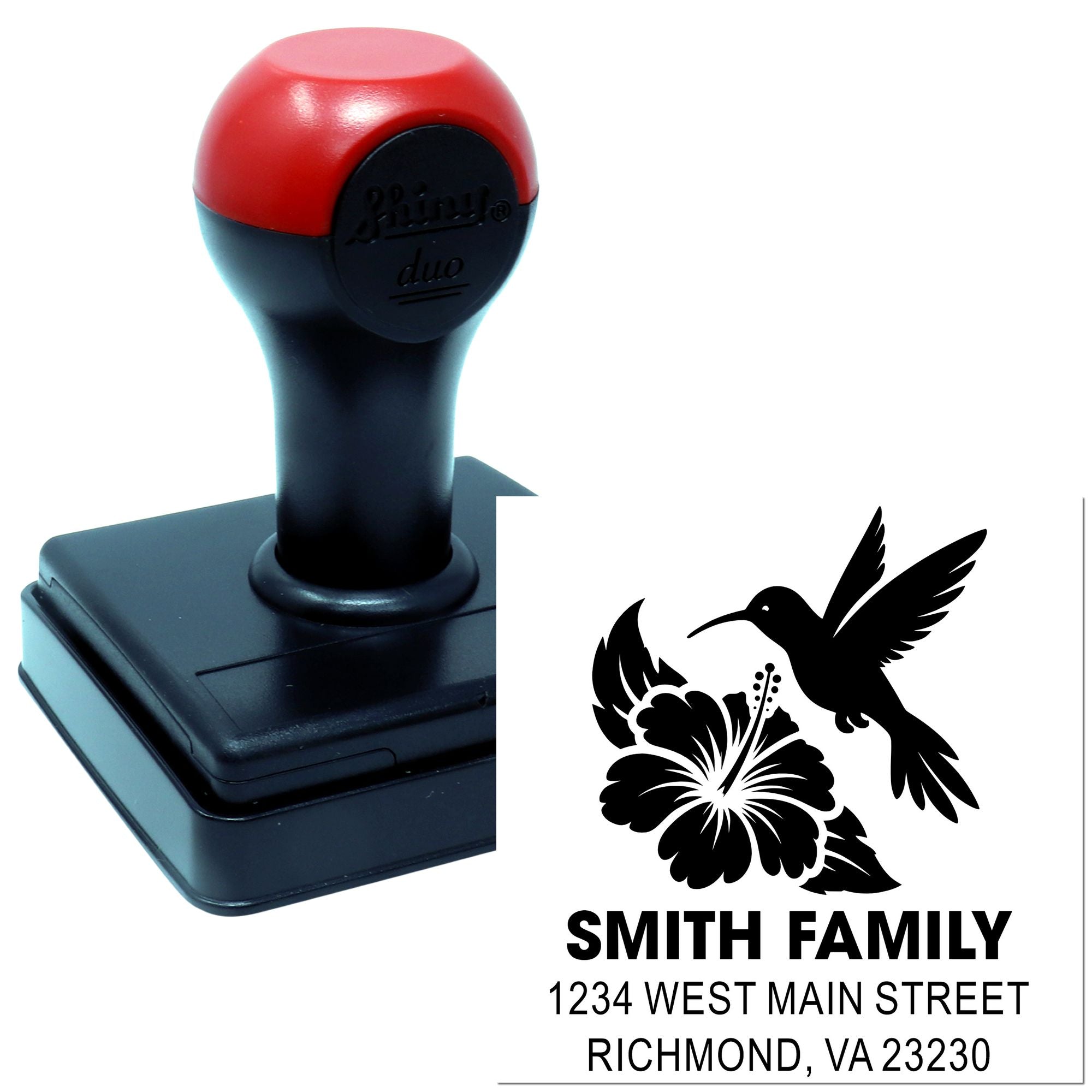 Custom self-inking return address rubber stamp with hummingbird and hibiscus design for Smith Family, Richmond VA 23230