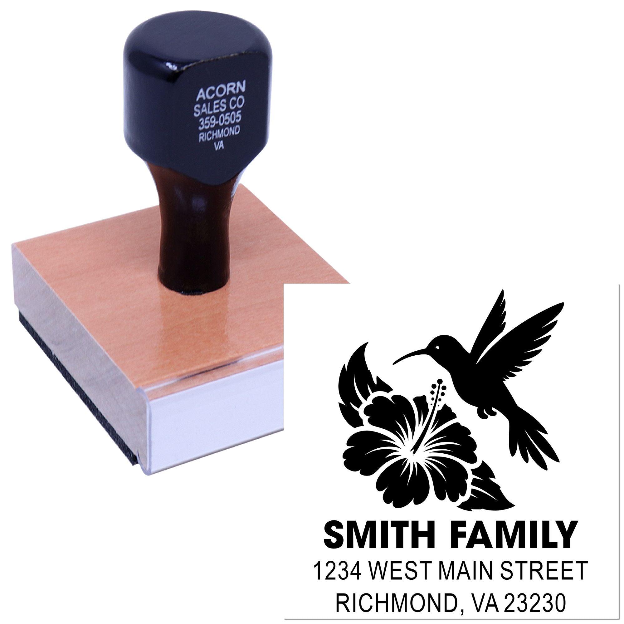 Custom rubber address stamp with hummingbird and hibiscus design for Smith Family, Richmond VA return address imprint.