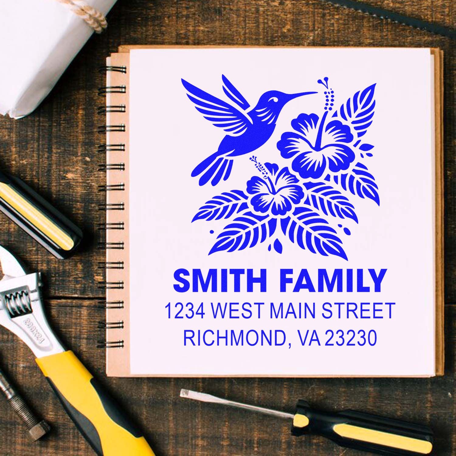 Personalized rubber stamp with hummingbird and hibiscus return address design for Smith Family, Richmond VA