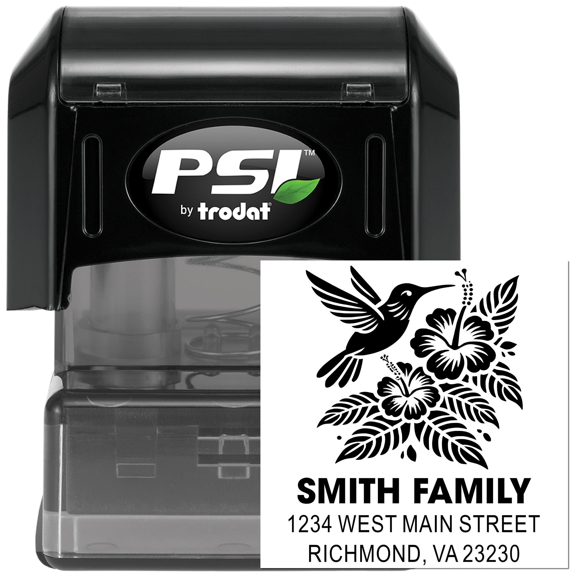 PSI by Trodat self-inking custom rubber stamp with hummingbird floral return address design for personalized family mailings.