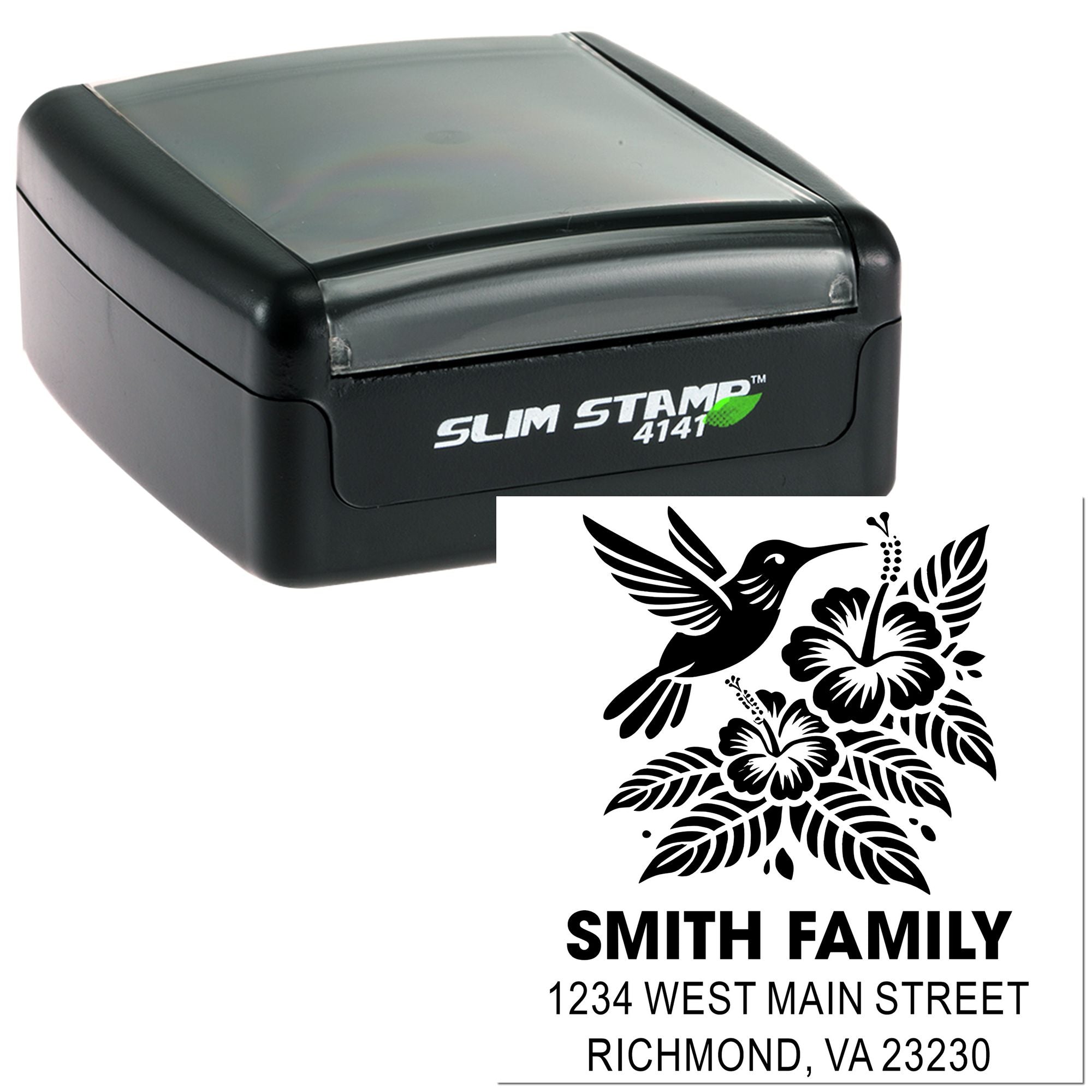 Slim Stamp 4141 self-inking rubber stamp with custom hummingbird return address design for Smith Family.