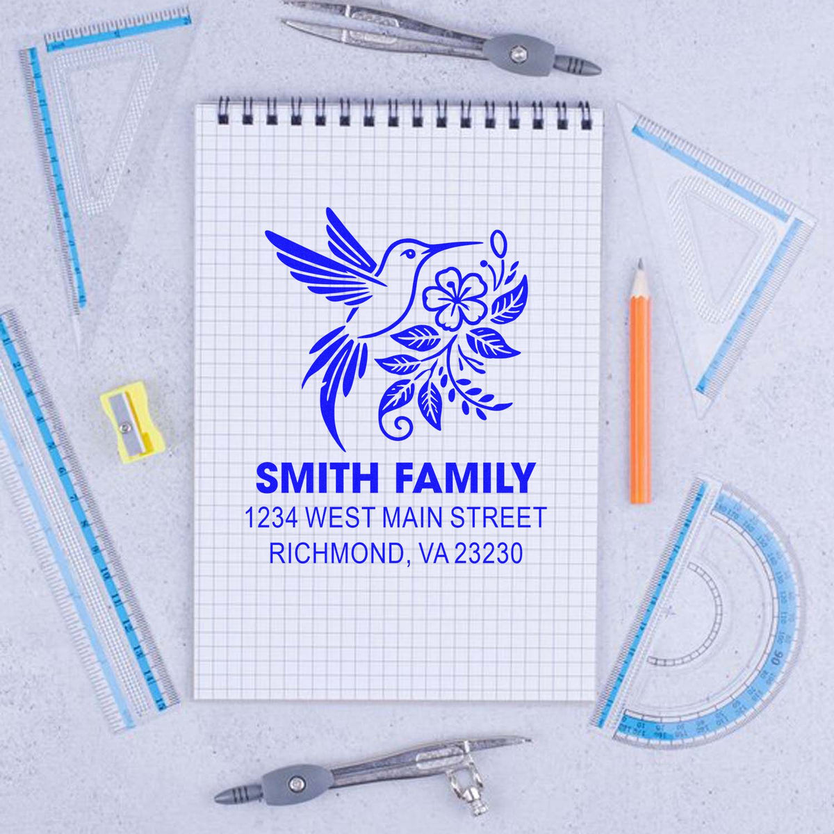 Custom return address rubber stamp with hummingbird floral design for Smith Family personalized mailing.