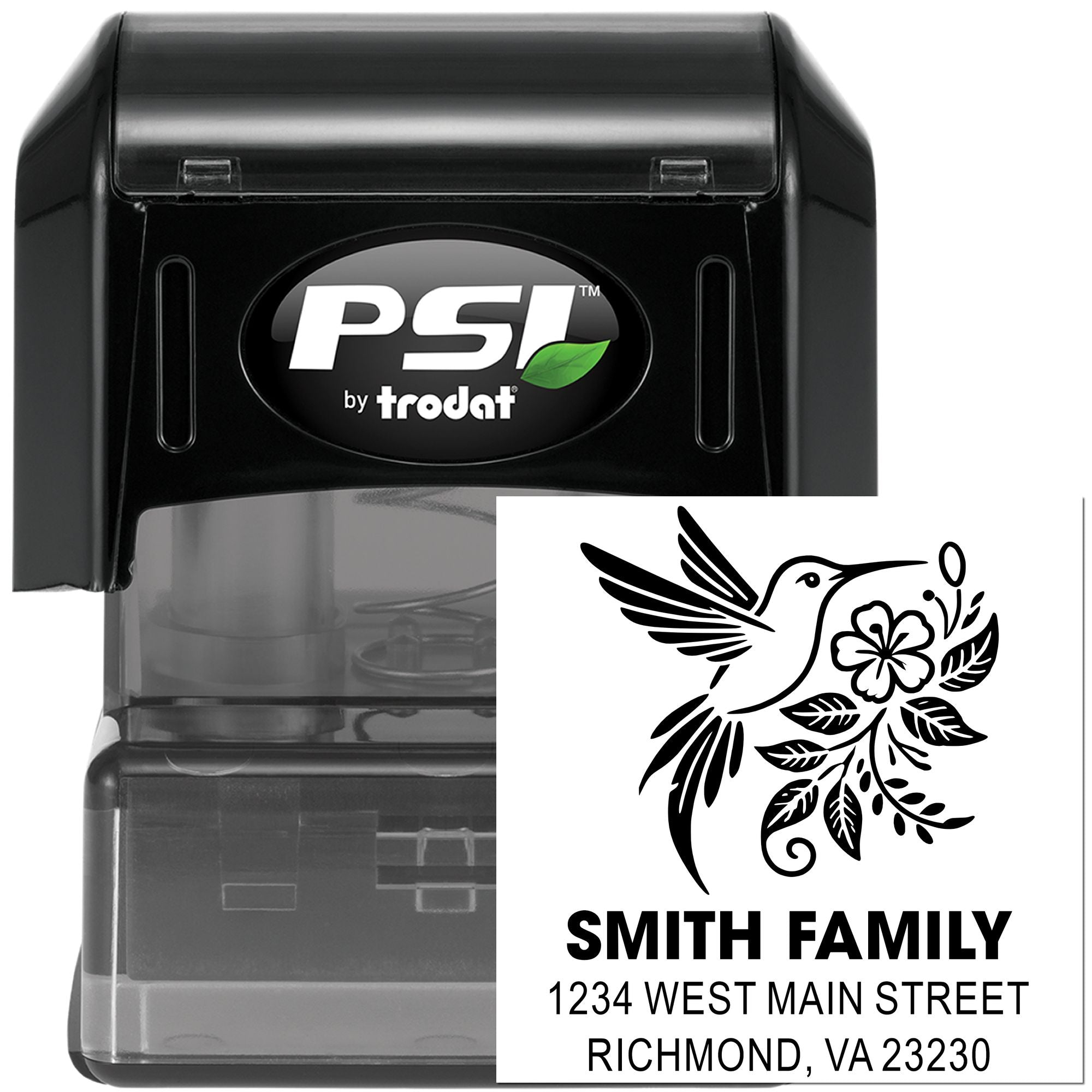 PSI by Trodat self-inking custom rubber stamp with hummingbird floral return address design for family mailings.