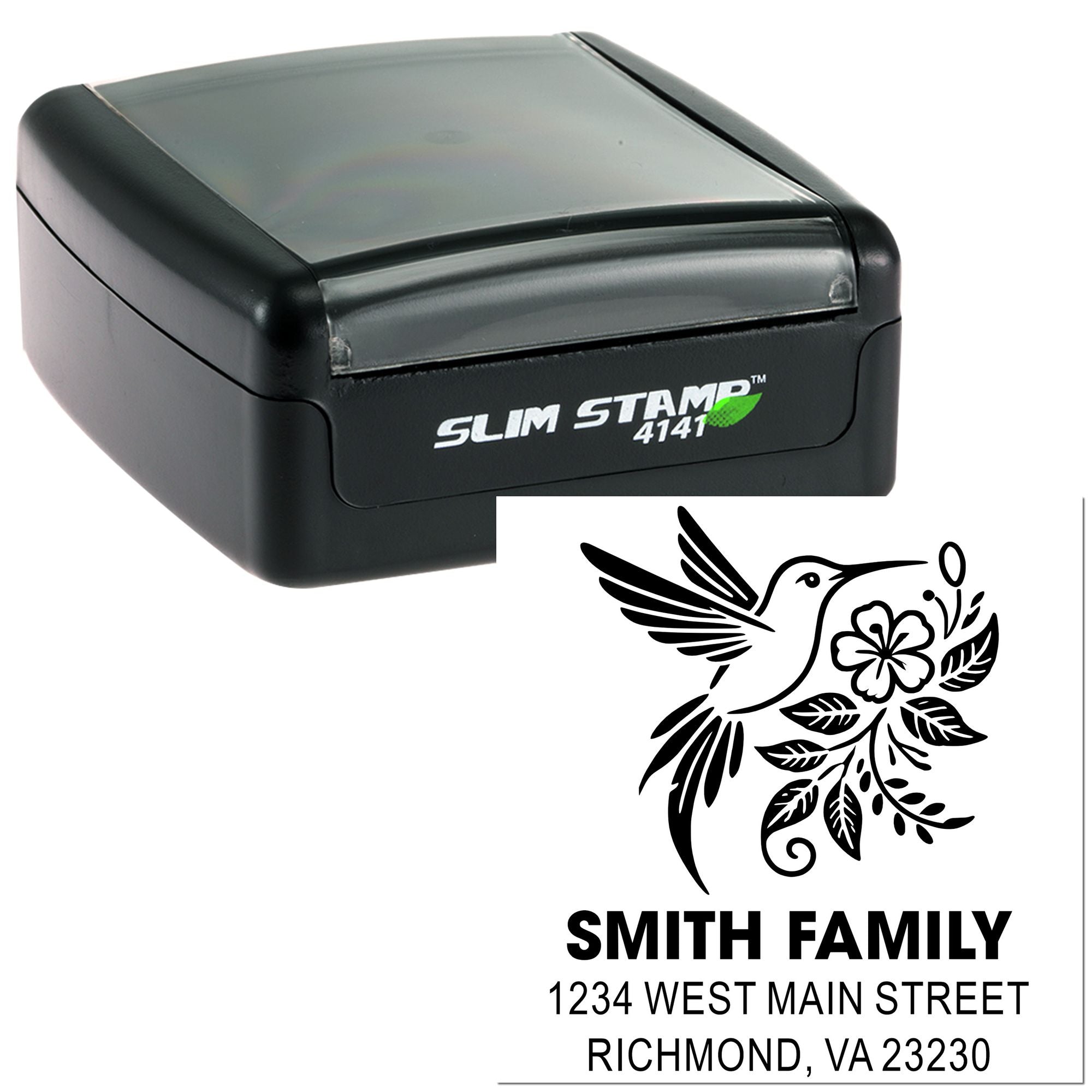 Custom self-inking rubber address stamp with hummingbird floral design and Smith Family return address.