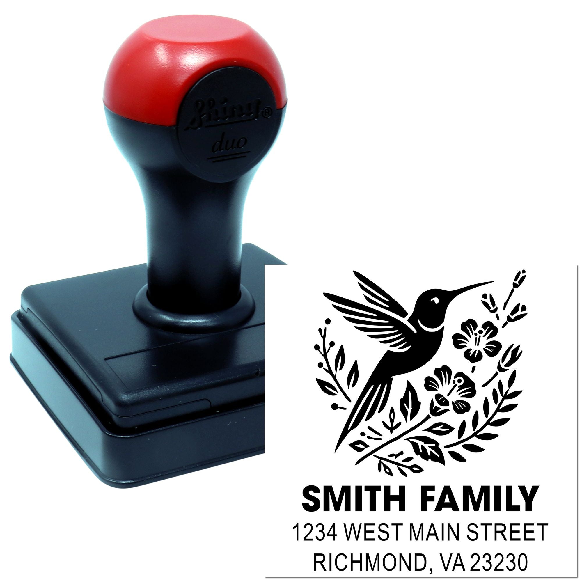 Custom self-inking rubber stamp with hummingbird floral design for Smith family address, perfect for personalized mailing.