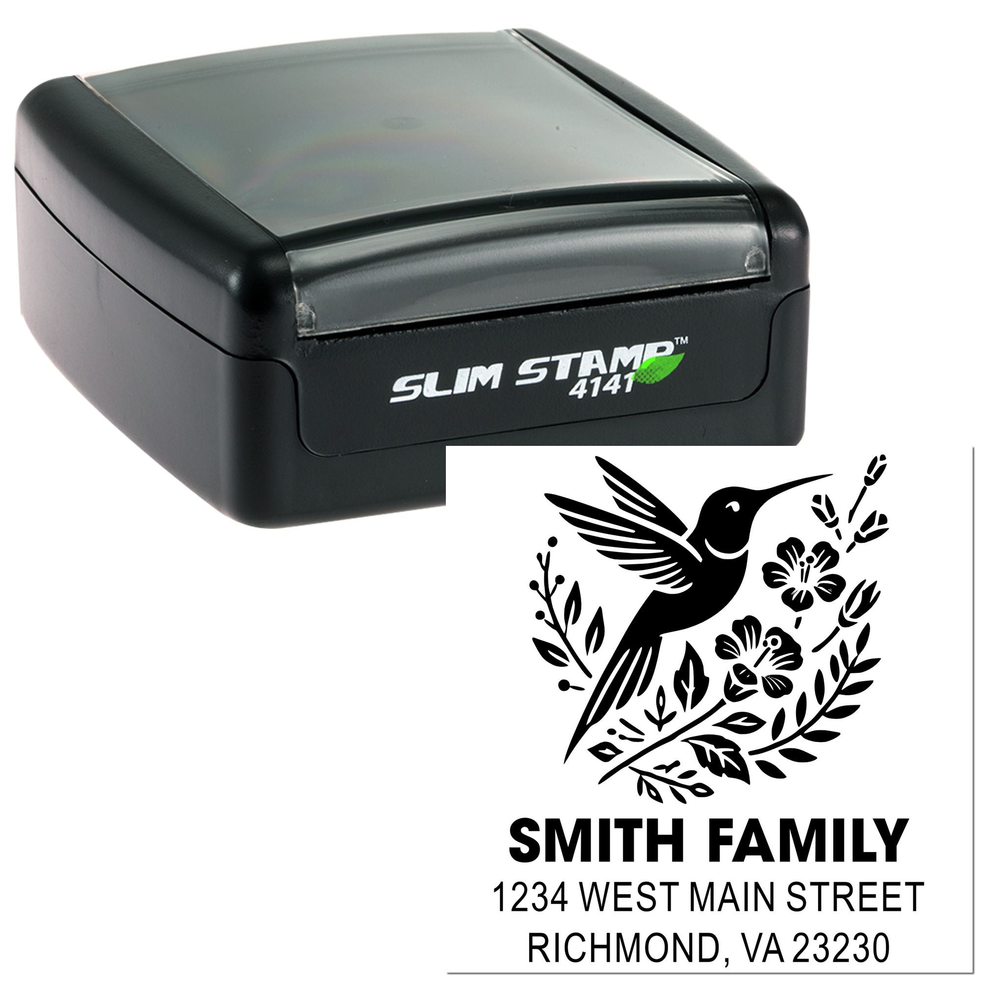 Custom self-inking rubber address stamp with hummingbird floral design for Smith Family, Richmond VA 23230.